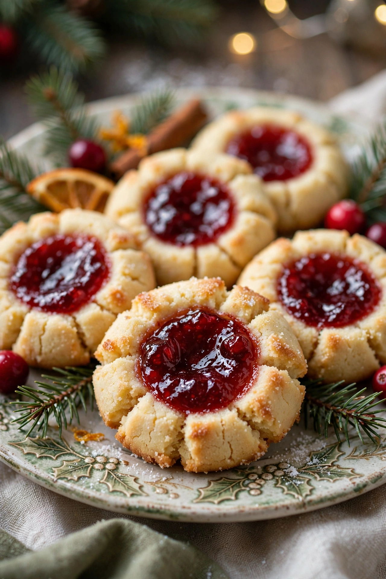 Thumbprint cookies with red jam centers on a festive plate