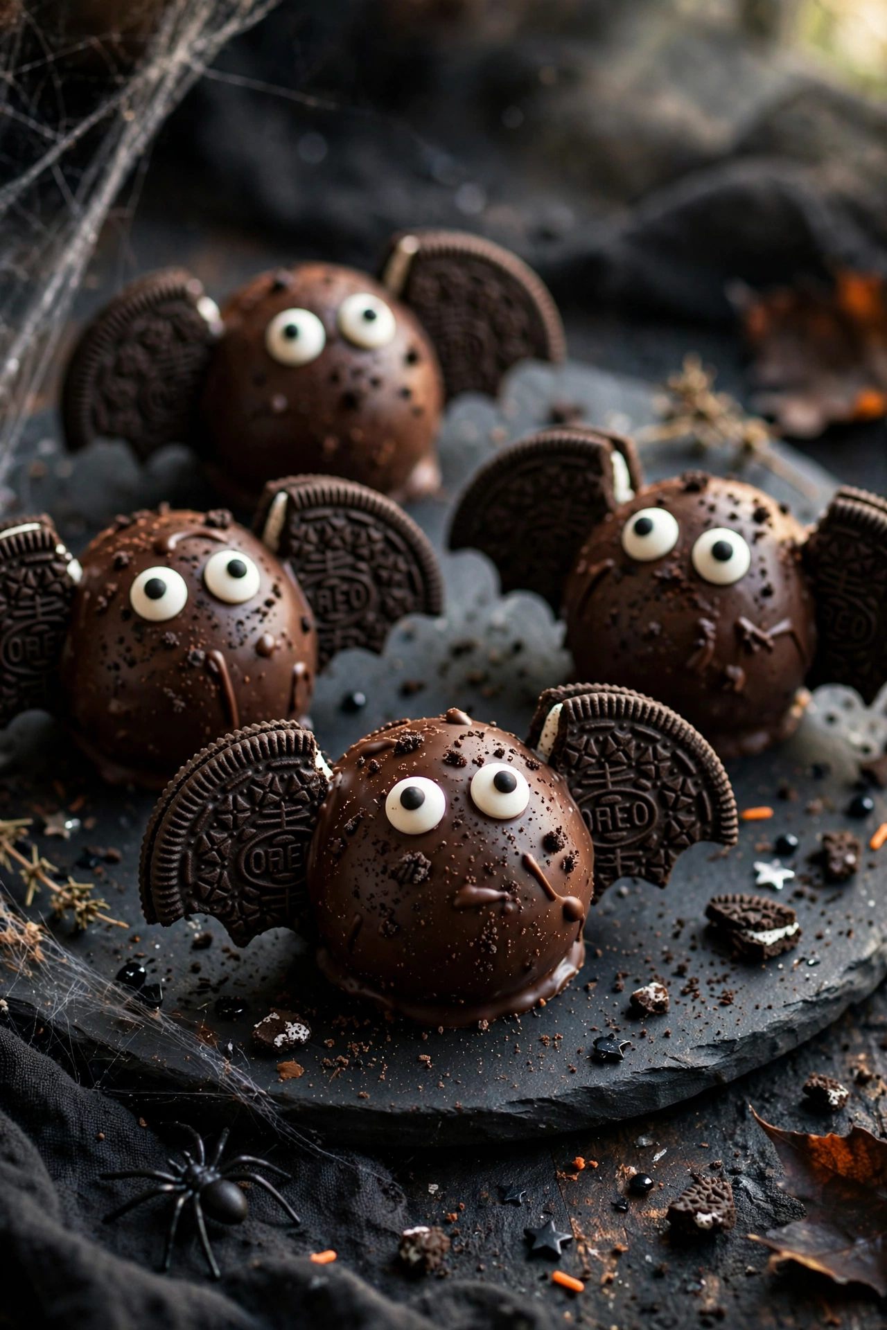 Halloween Oreo bat truffles with cookie wings and candy eyes on a dark platter