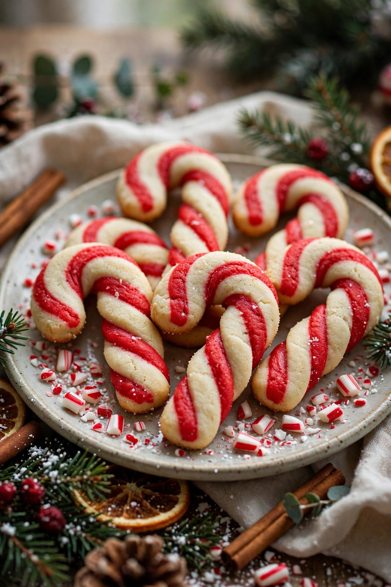 Red and white candy cane twisted peppermint cookies on a plate