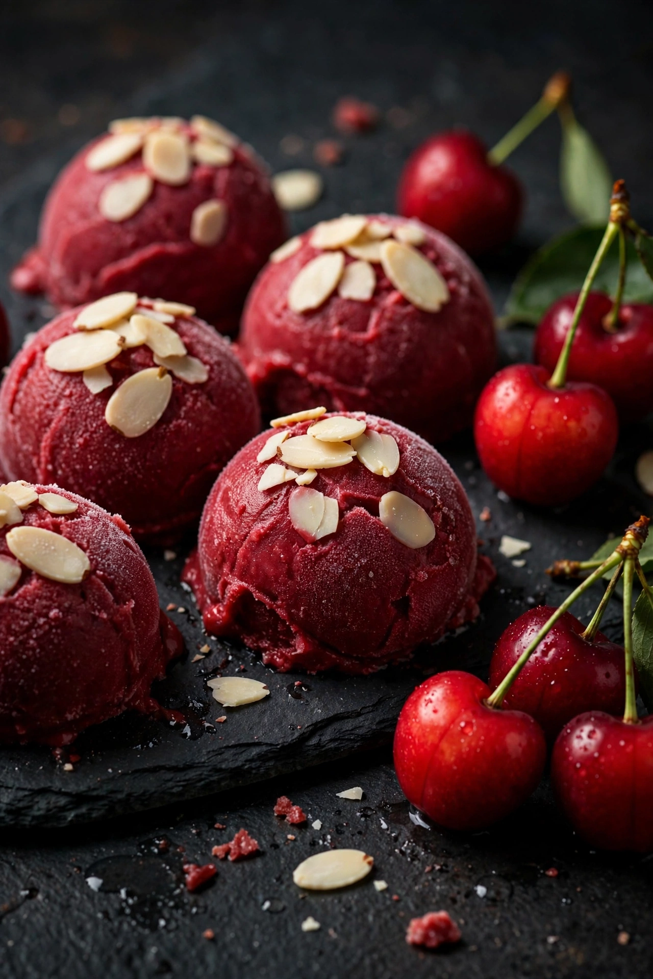 Cherry almond frozen yogurt bites with sliced almonds and fresh cherries on slate