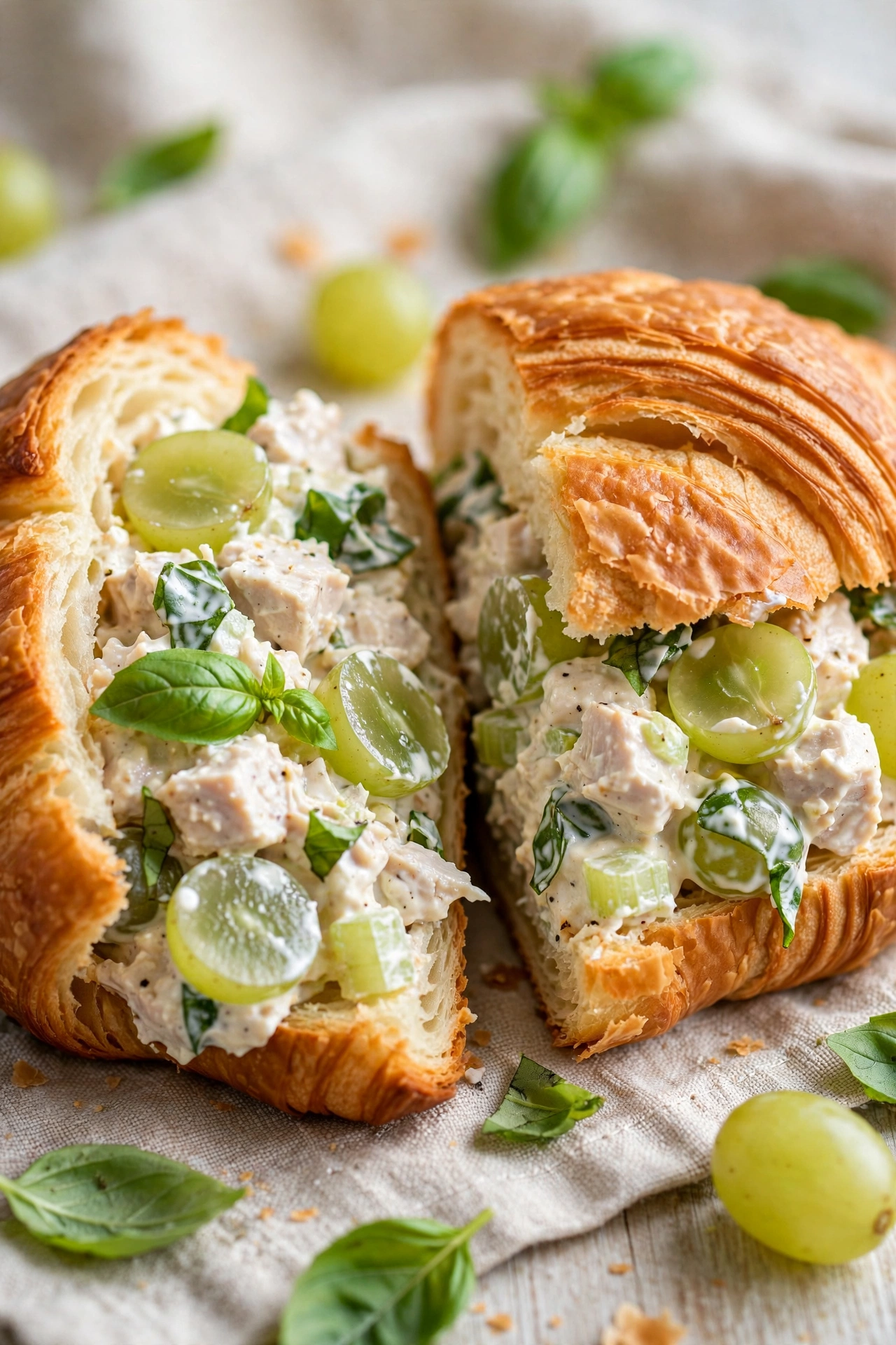 Basil chicken salad croissant cut showing filling