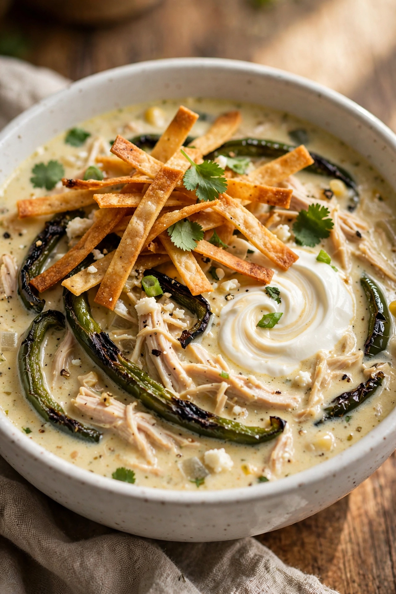 Creamy chicken poblano soup with shredded chicken in a white bowl