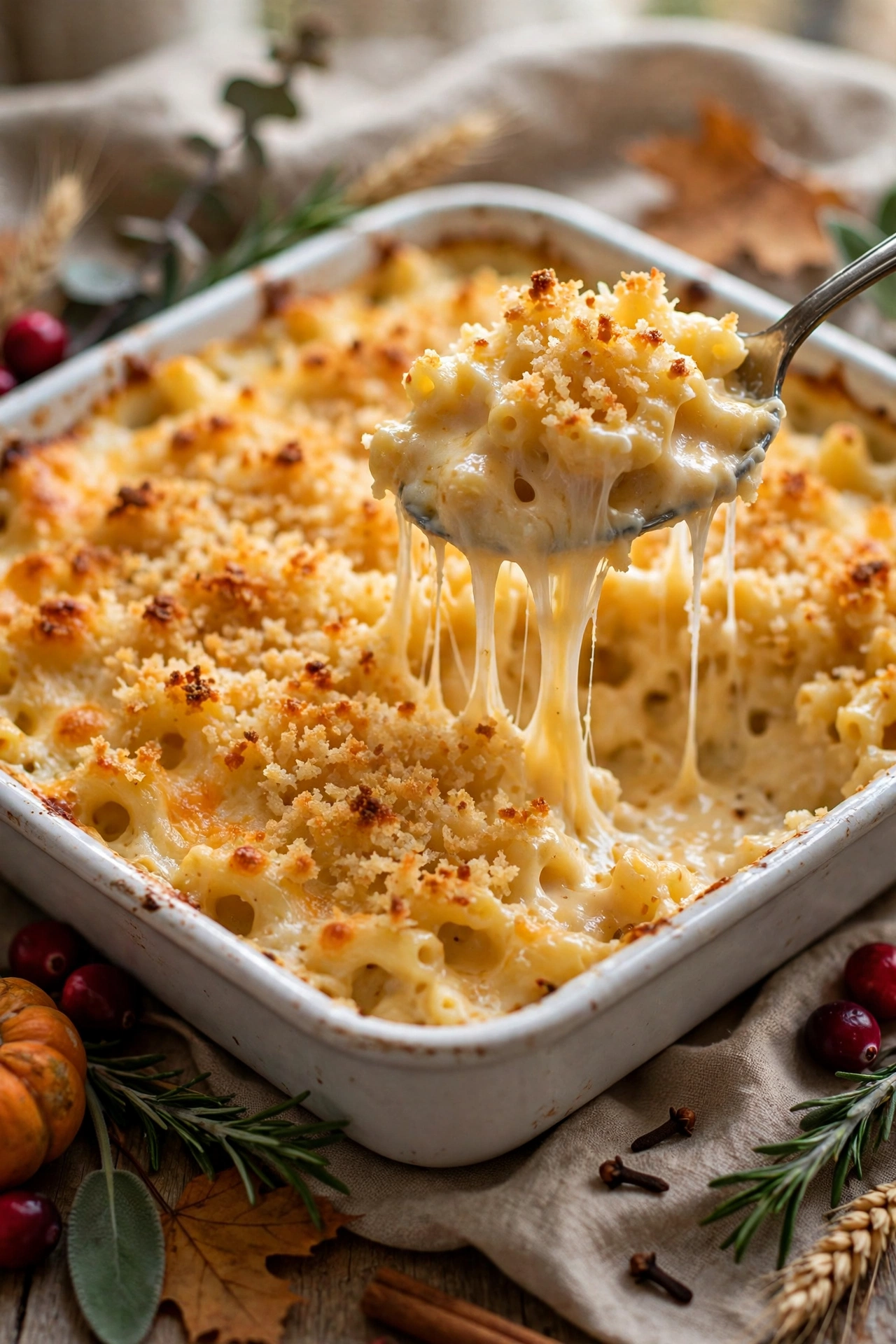 Baked mac and cheese with golden breadcrumb topping and cheese pull
