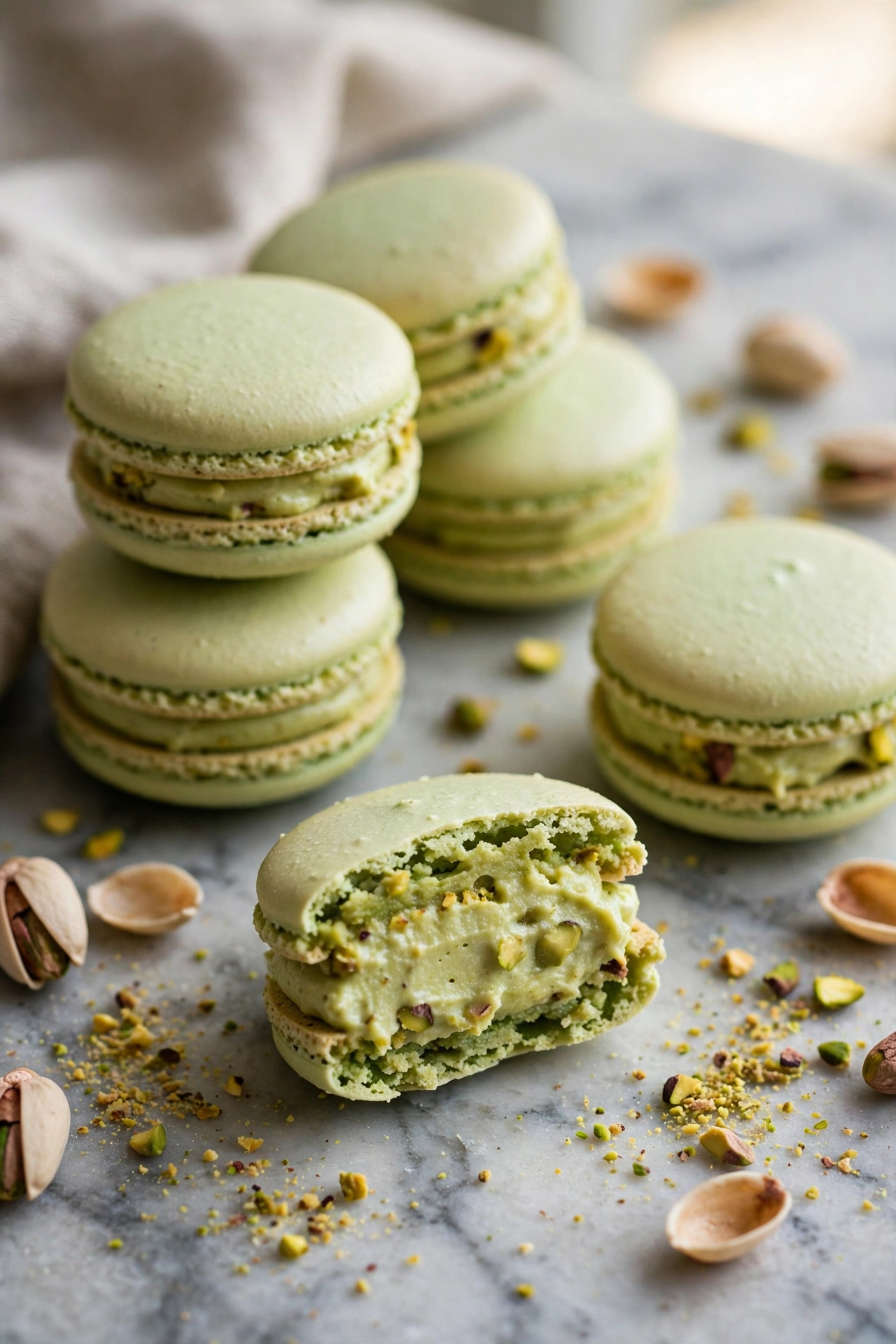 Pistachio macarons with buttercream filling on marble