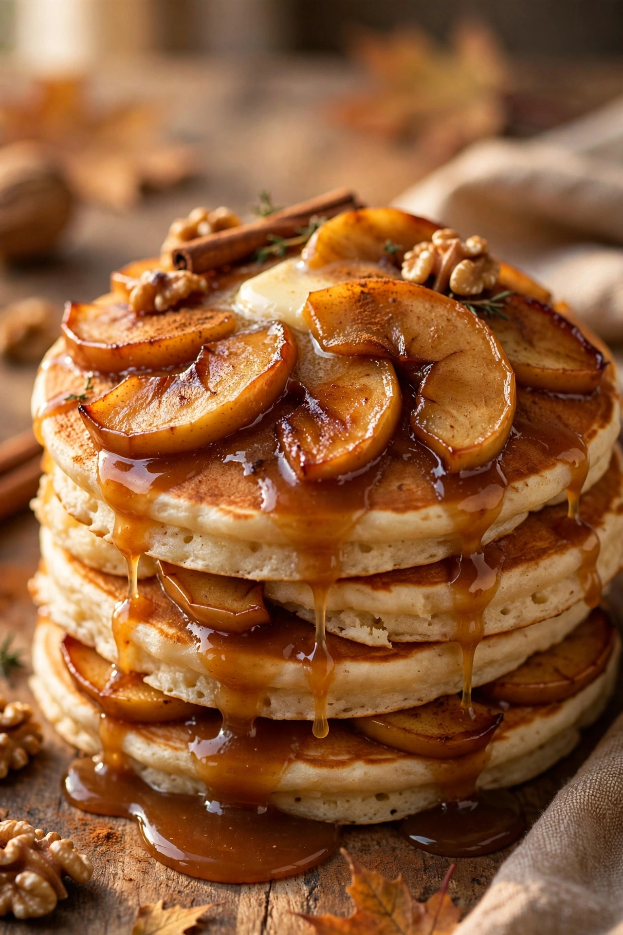 Caramel apple pancakes with caramelized apples and caramel sauce