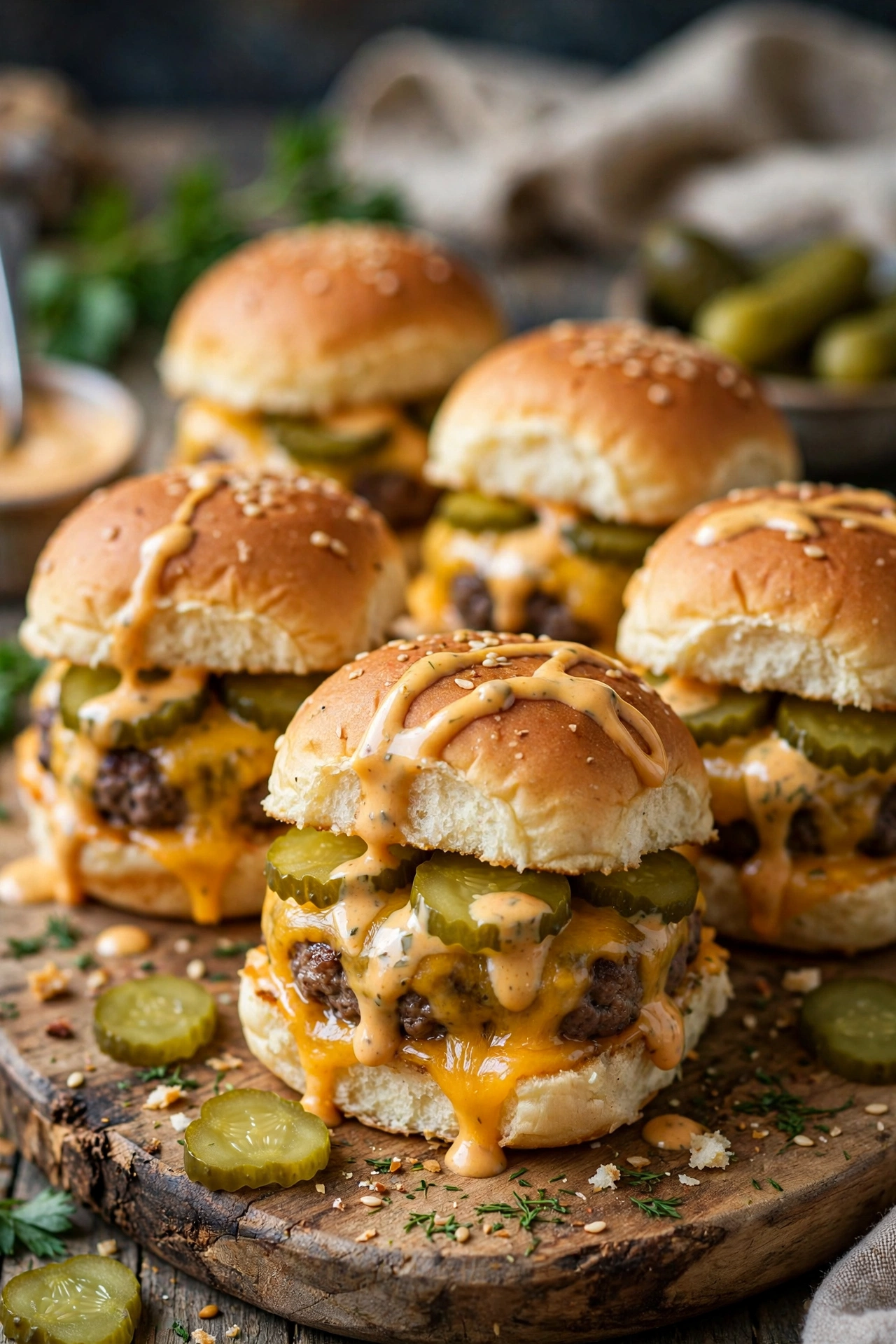Cheeseburger sliders with melted cheddar on soft buns