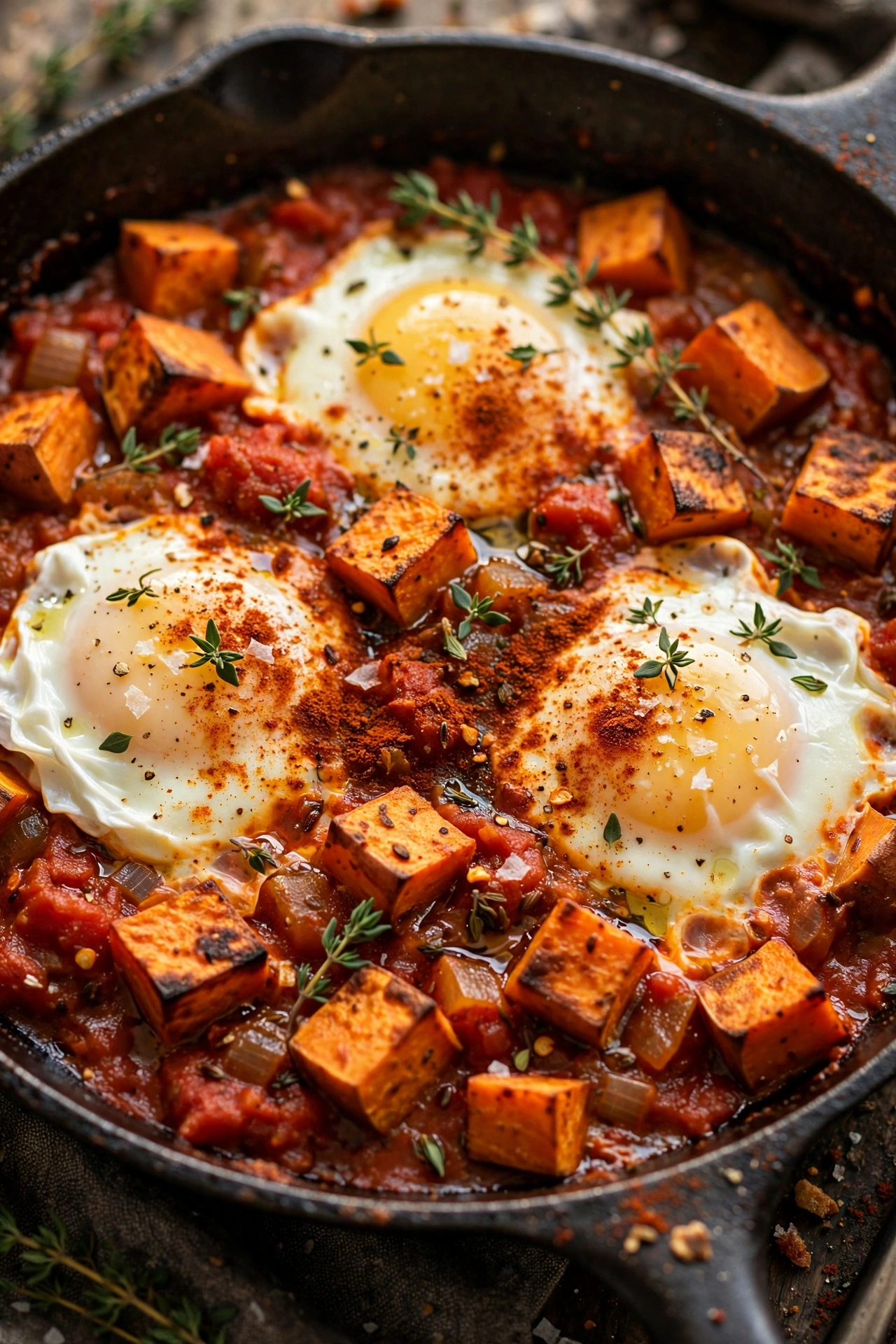 Sweet potato shakshuka with roasted sweet potato cubes and thyme in a skillet
