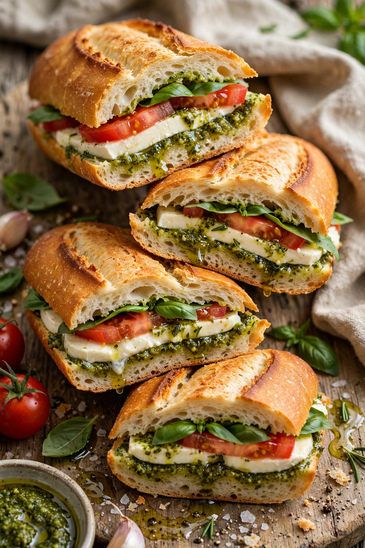 Caprese baguette sandwich cut into portions showing layers