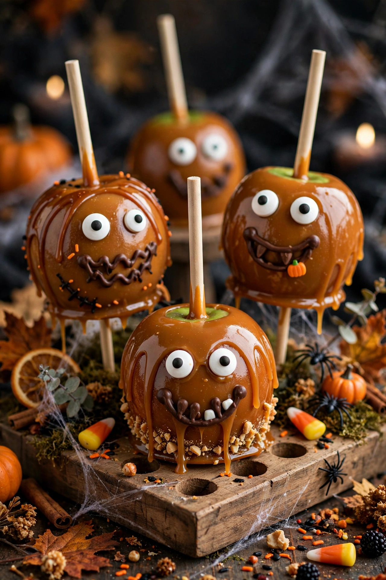 Halloween caramel apple monsters with candy eyes on sticks in a stand