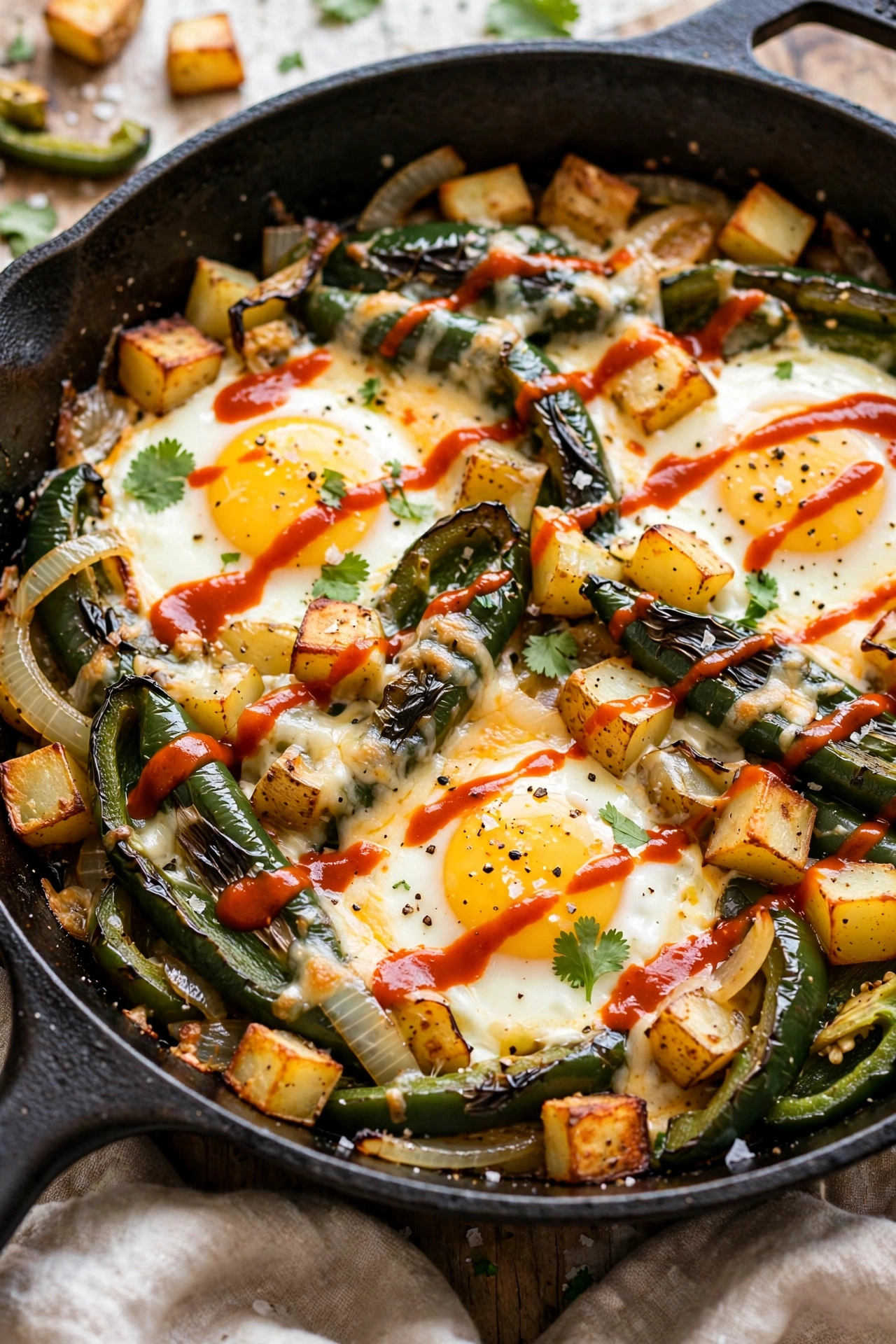 Poblano egg breakfast skillet with baked eggs and melted cheese