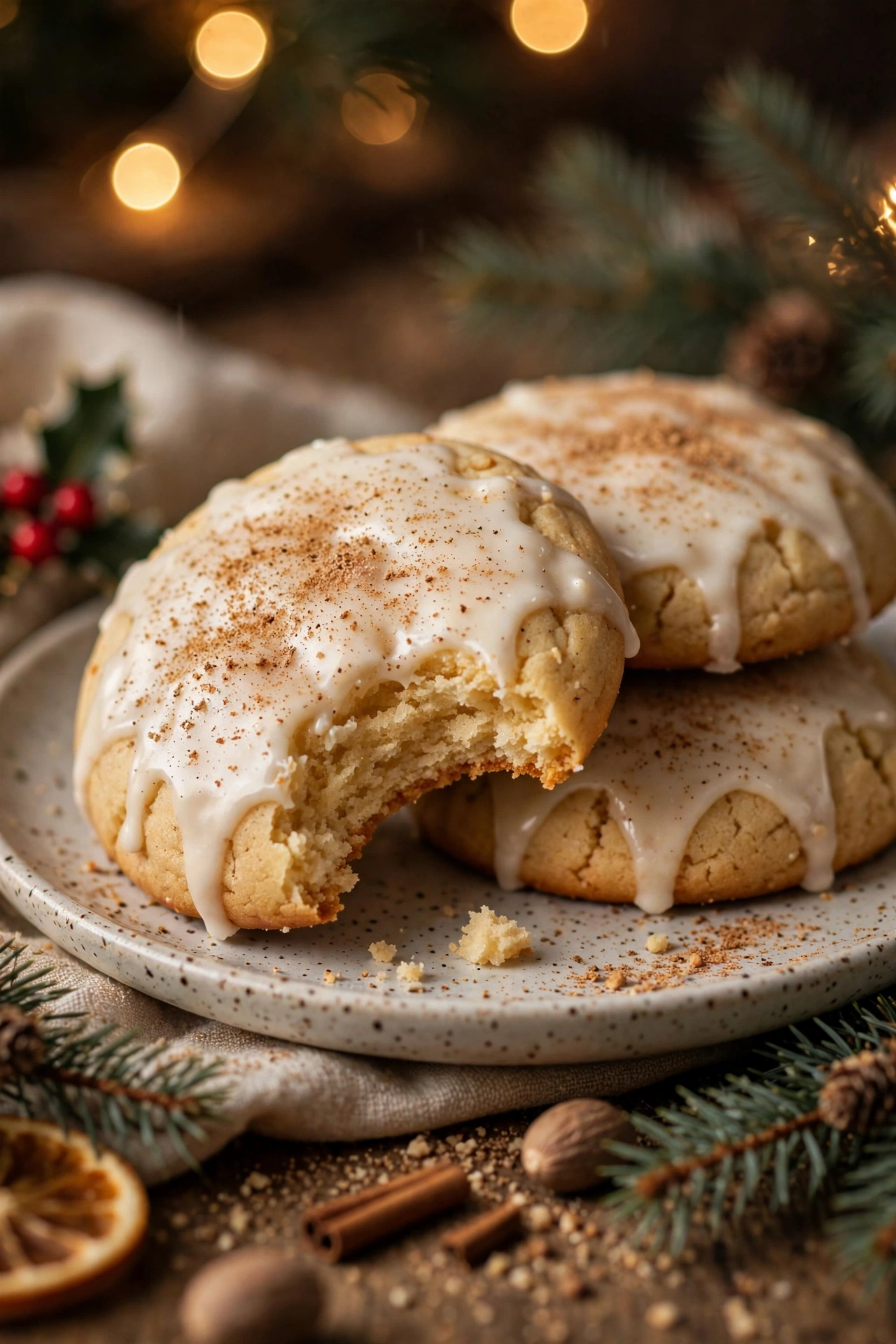 Eggnog cookies with white glaze and nutmeg dusting stacked on a plate