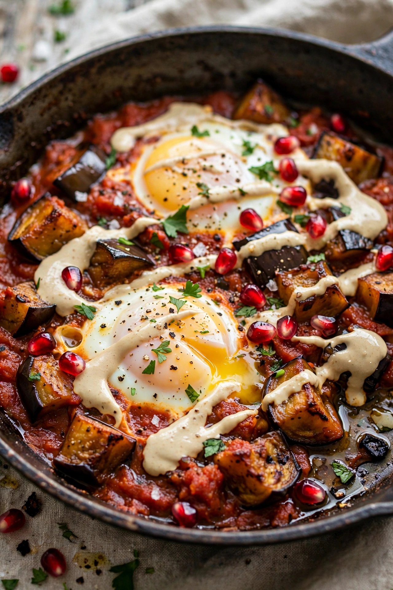 Eggplant shakshuka with caramelized eggplant, tahini drizzle and pomegranate seeds