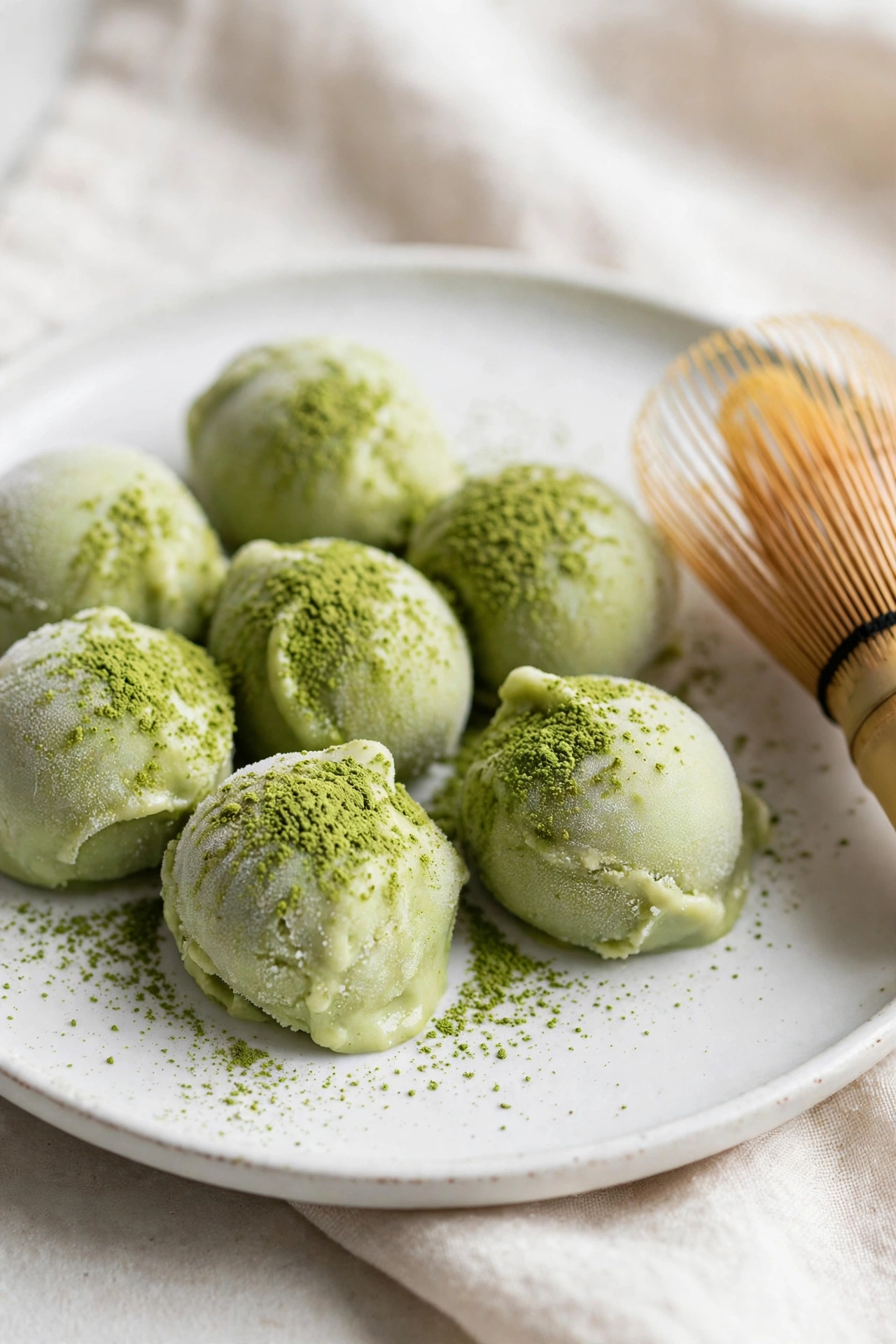 Matcha frozen yogurt bites dusted with matcha powder beside a bamboo whisk