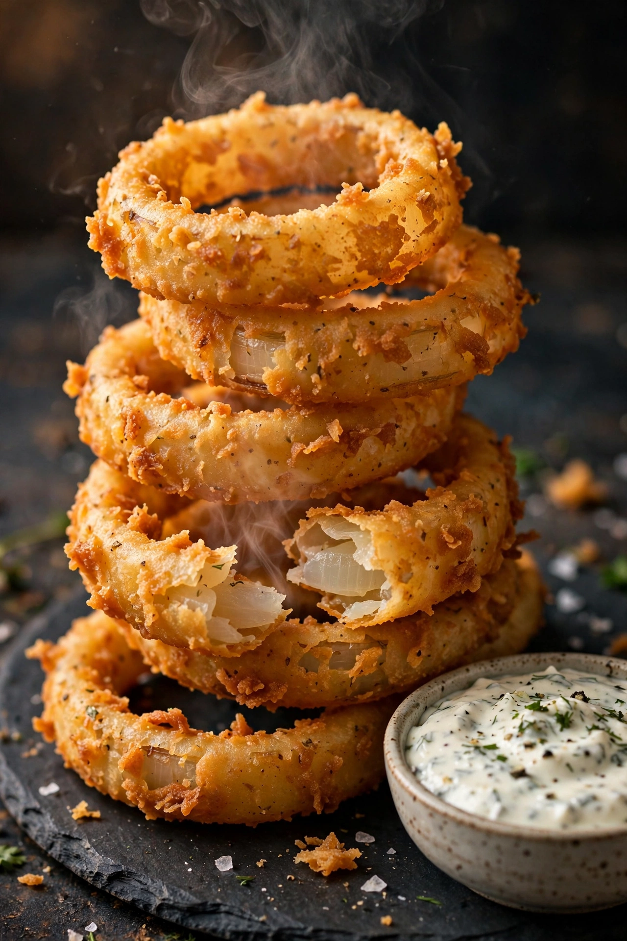 Crispy beer-battered onion rings with ranch dip