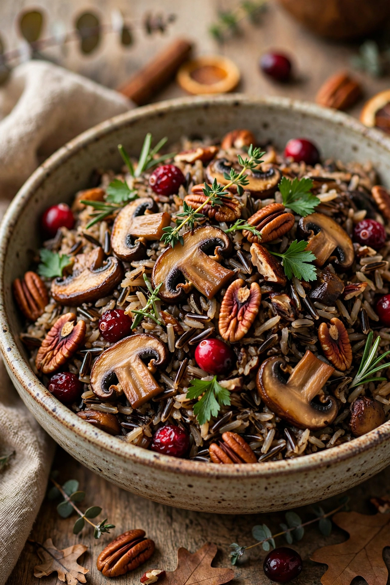 Wild rice and mushroom pilaf with cranberries and pecans in a serving bowl