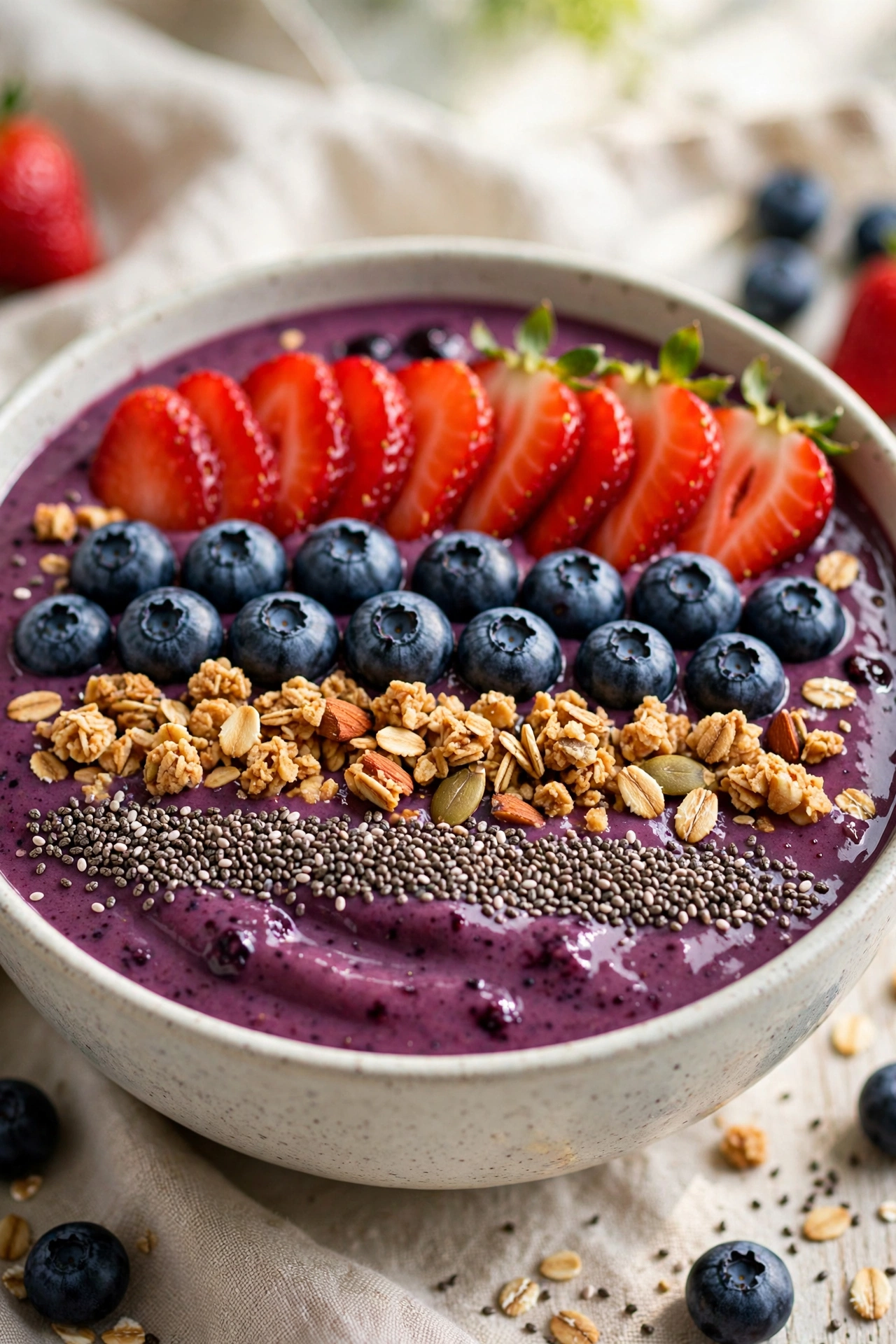 Berry smoothie bowl topped with strawberries granola and chia seeds