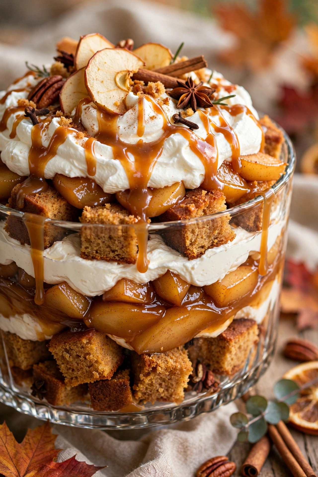 Caramel apple trifle with cake, apples and cream layers in a glass dish