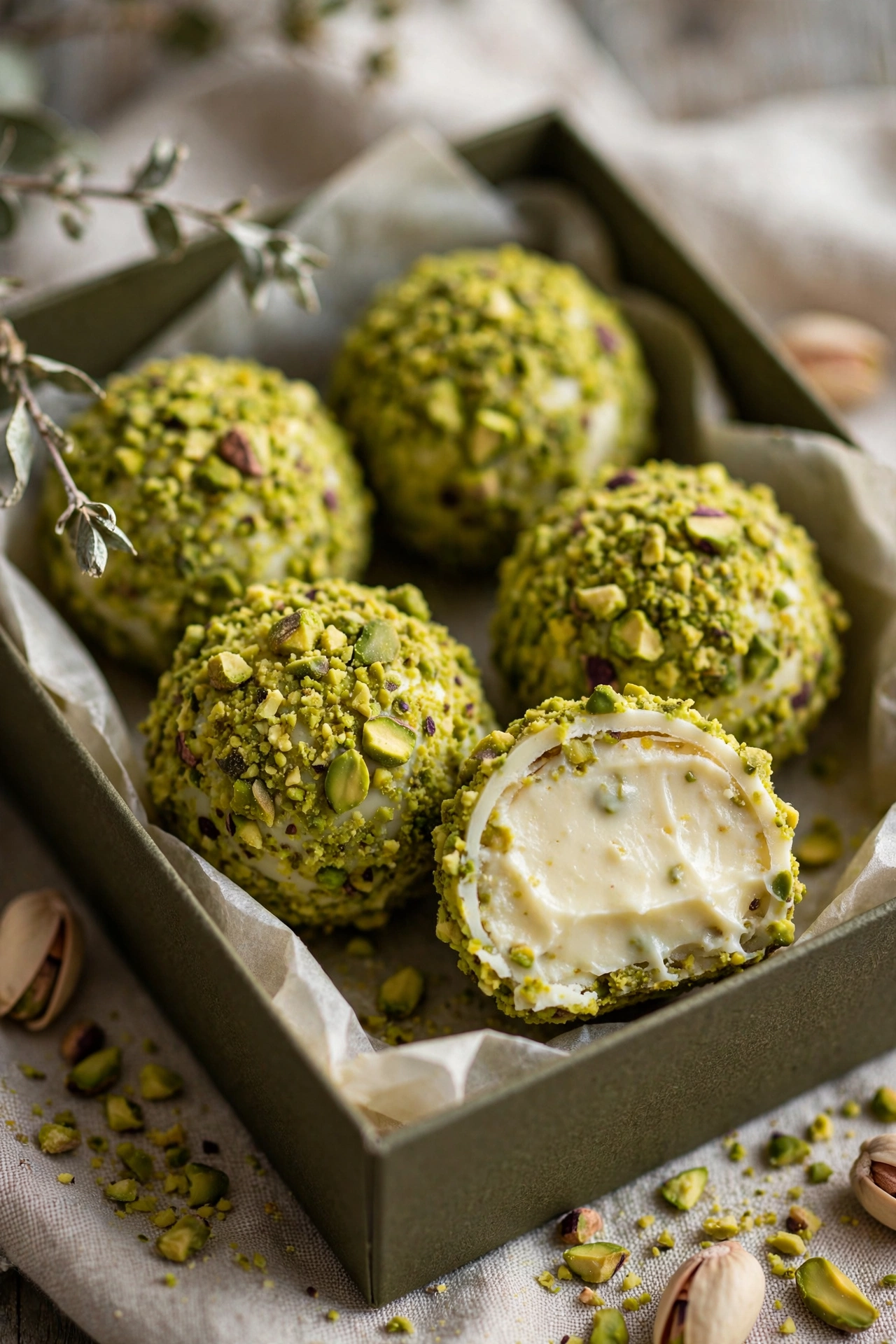 White chocolate pistachio truffles in a gift box
