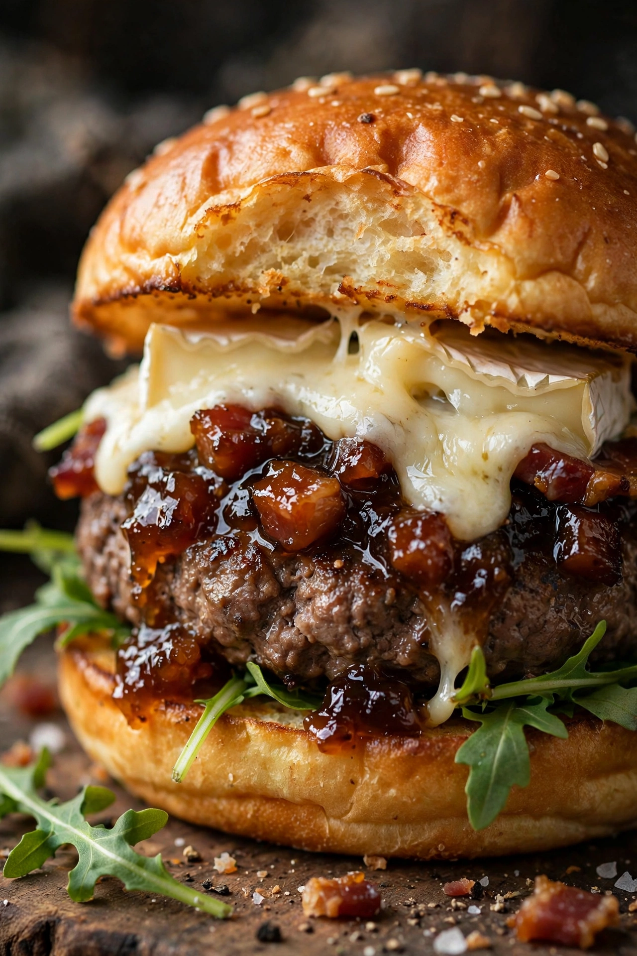 Bacon jam and brie burgers on brioche buns