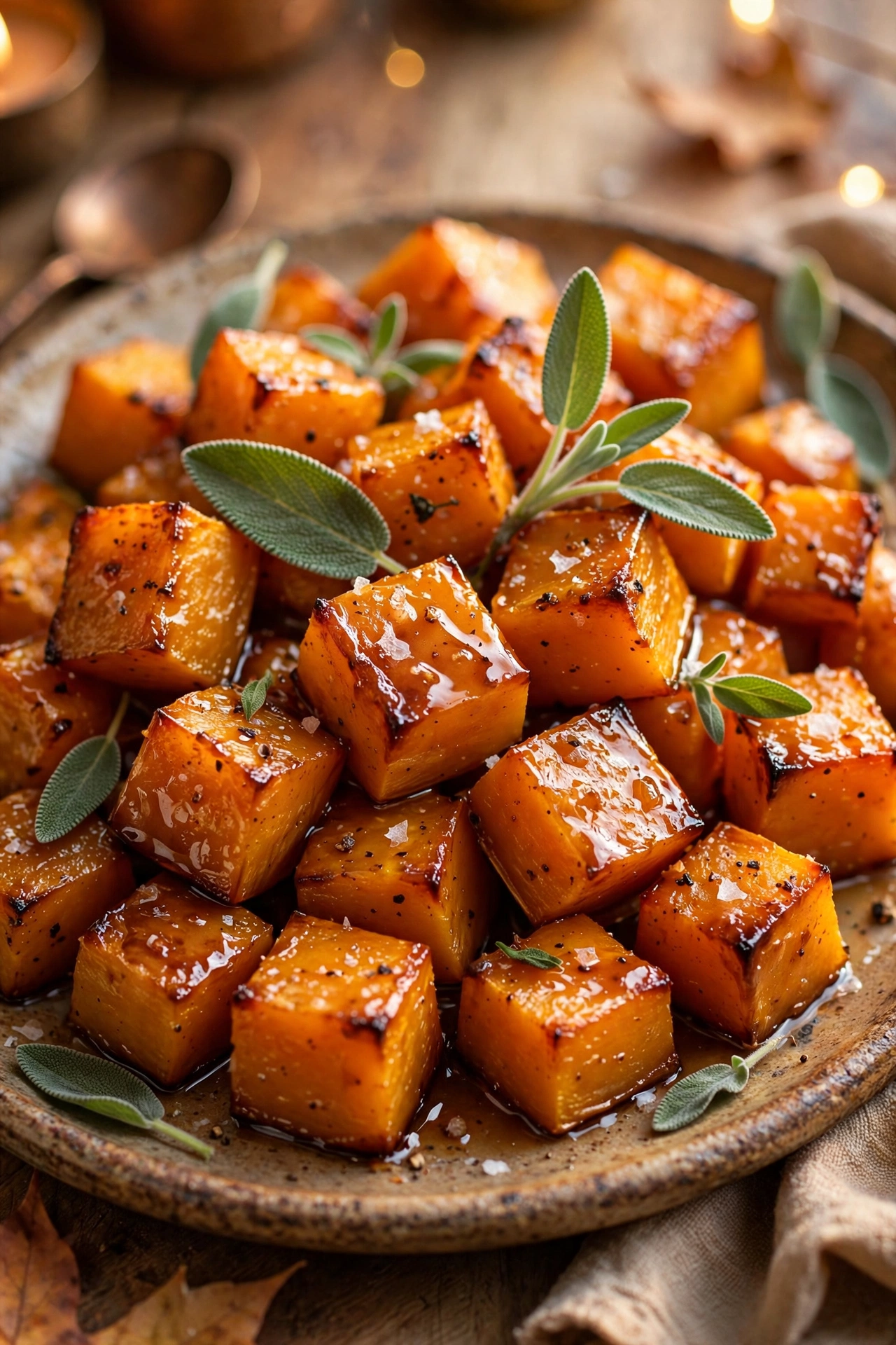 Roasted butternut squash cubes with maple glaze and fresh sage