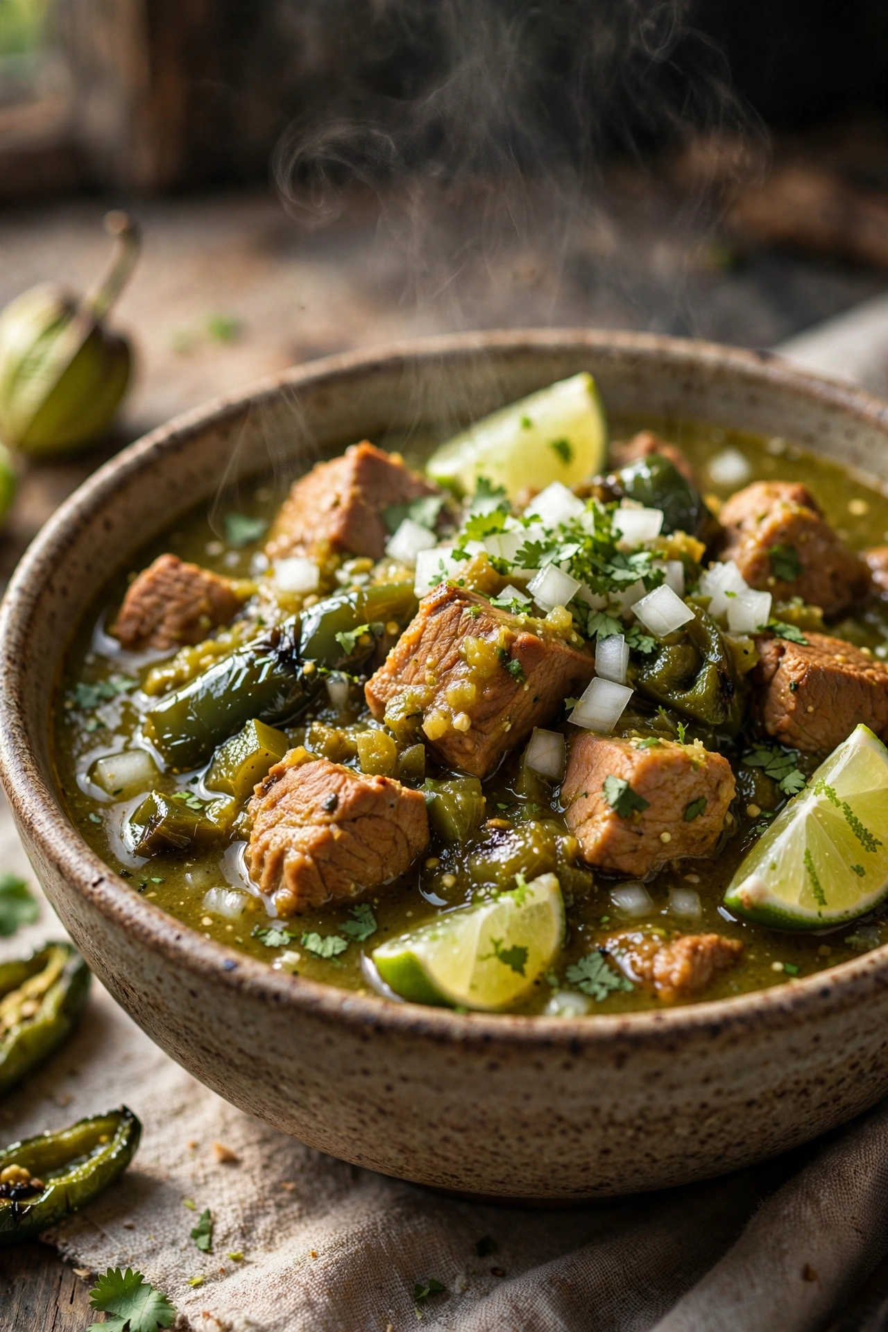 Pork chili verde with poblano sauce in a rustic bowl with lime