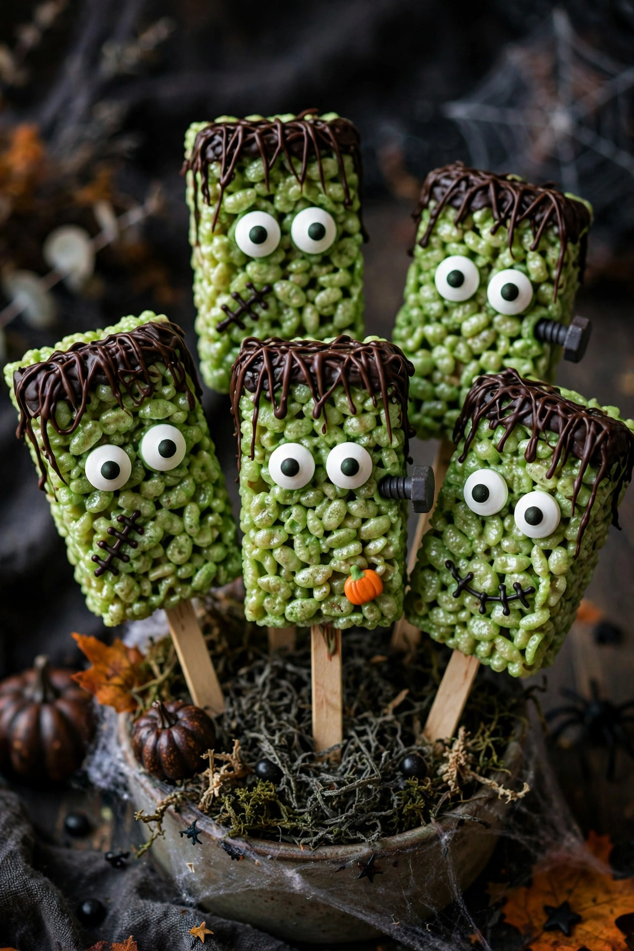 Frankenstein rice krispie pops with green faces and chocolate hair on sticks