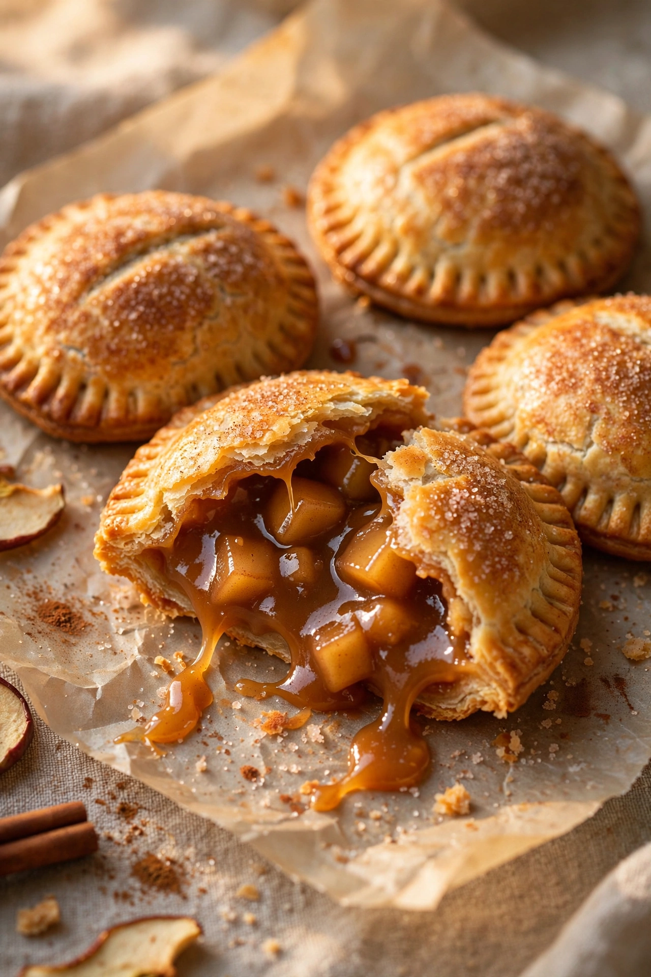 Caramel apple hand pies with flaky crust on parchment