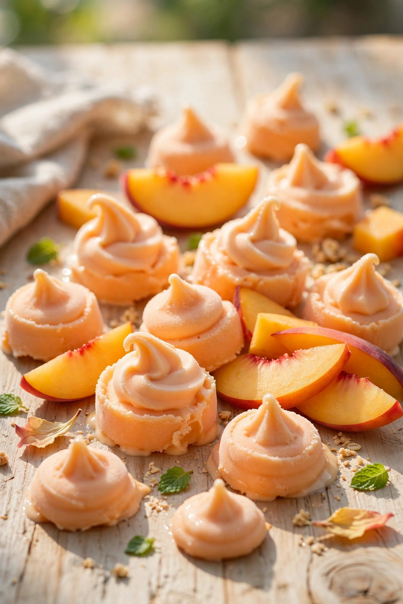 Peach frozen yogurt bites with fresh peach slices on a rustic wooden table