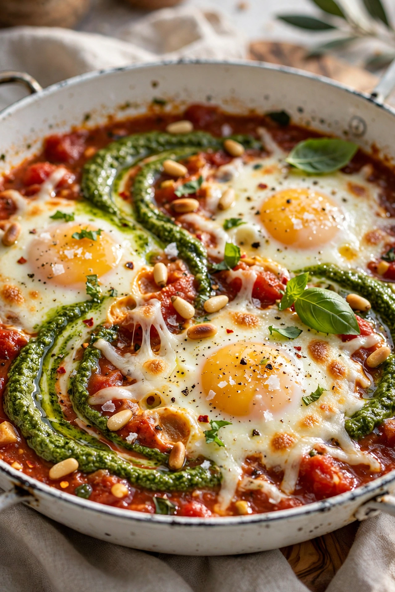 Pesto shakshuka with basil pesto swirls and melted mozzarella in a white skillet