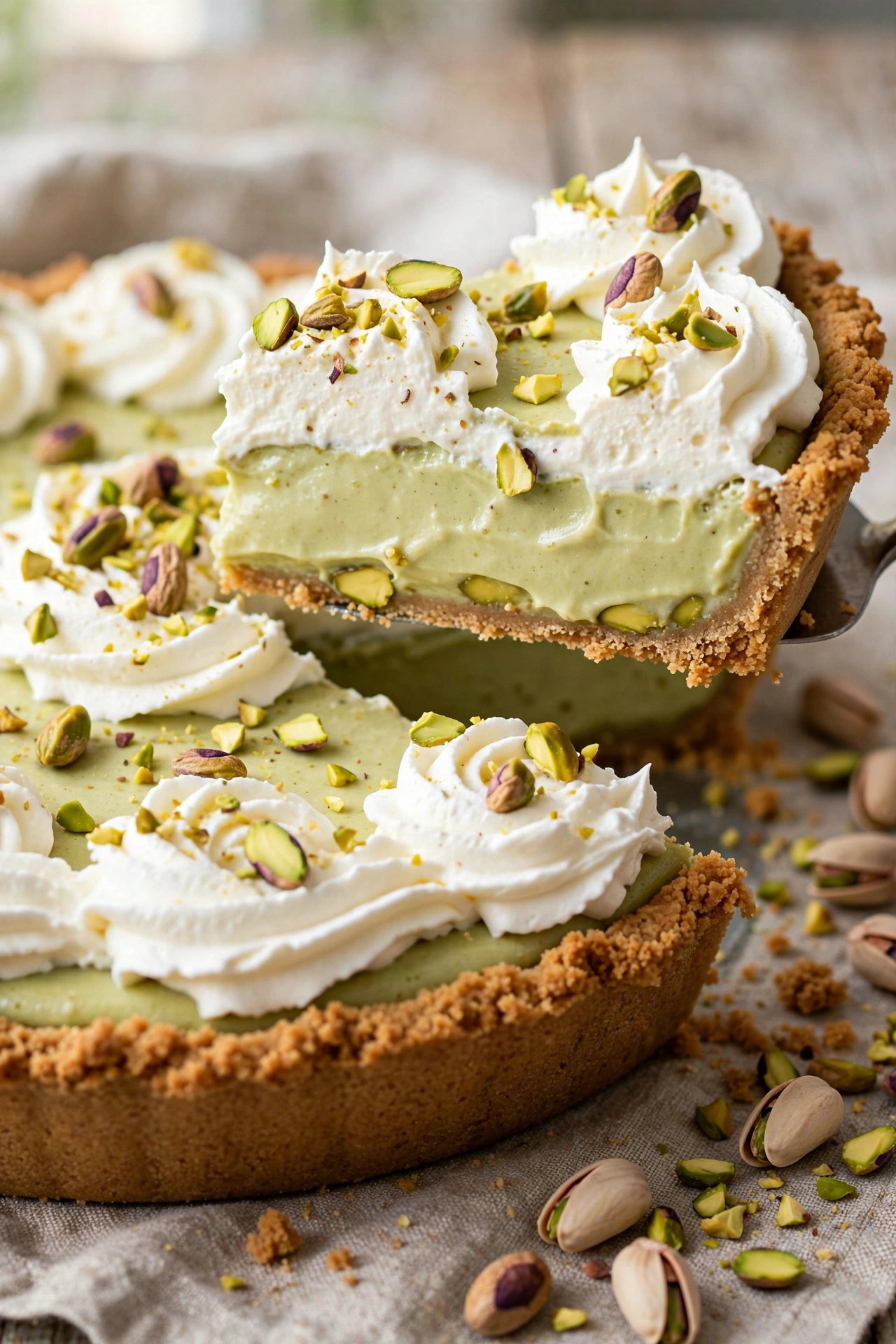Pistachio cream pie with whipped cream swirls in a cookie crust
