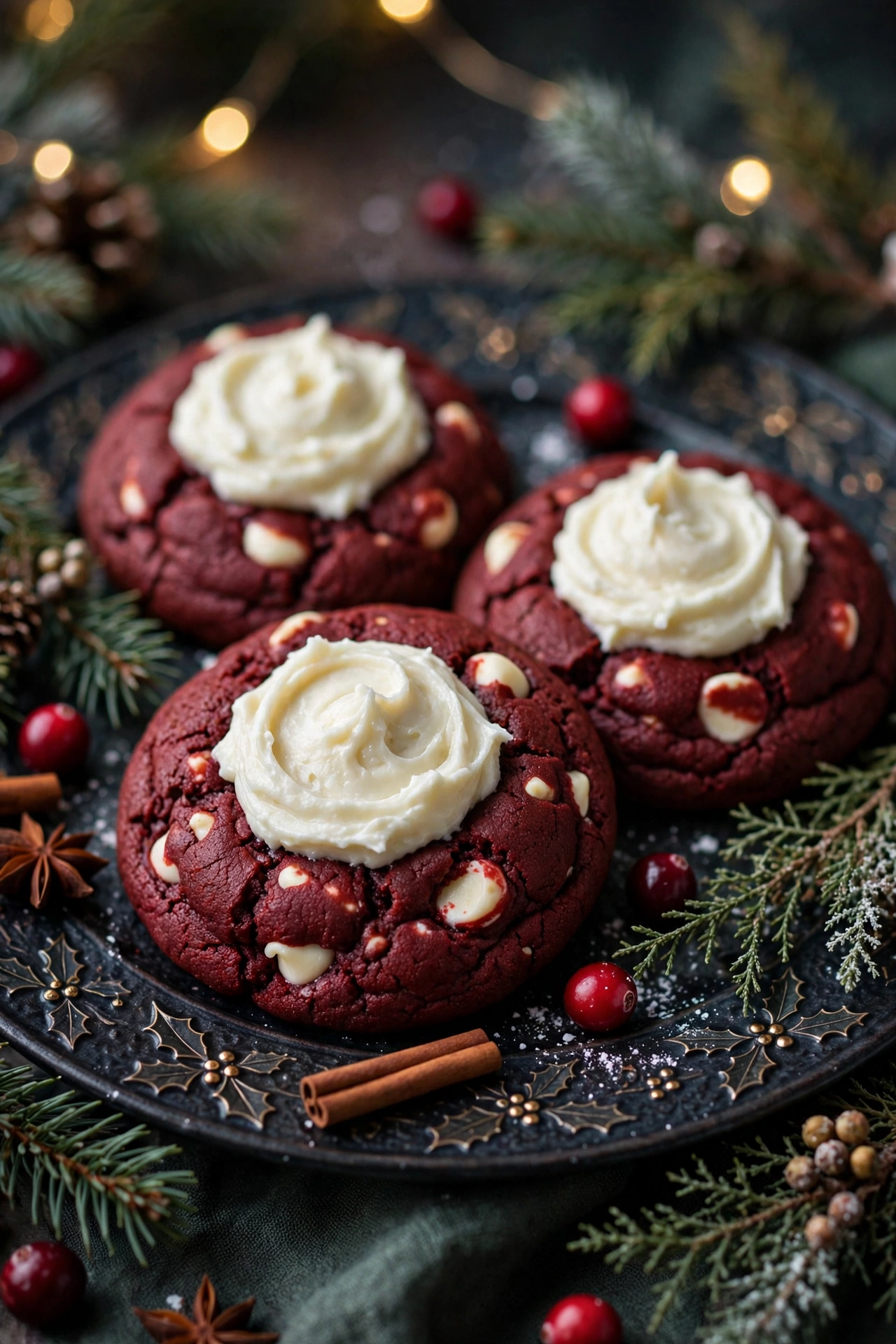 Red velvet cookies with white chocolate chips on a dark festive plate