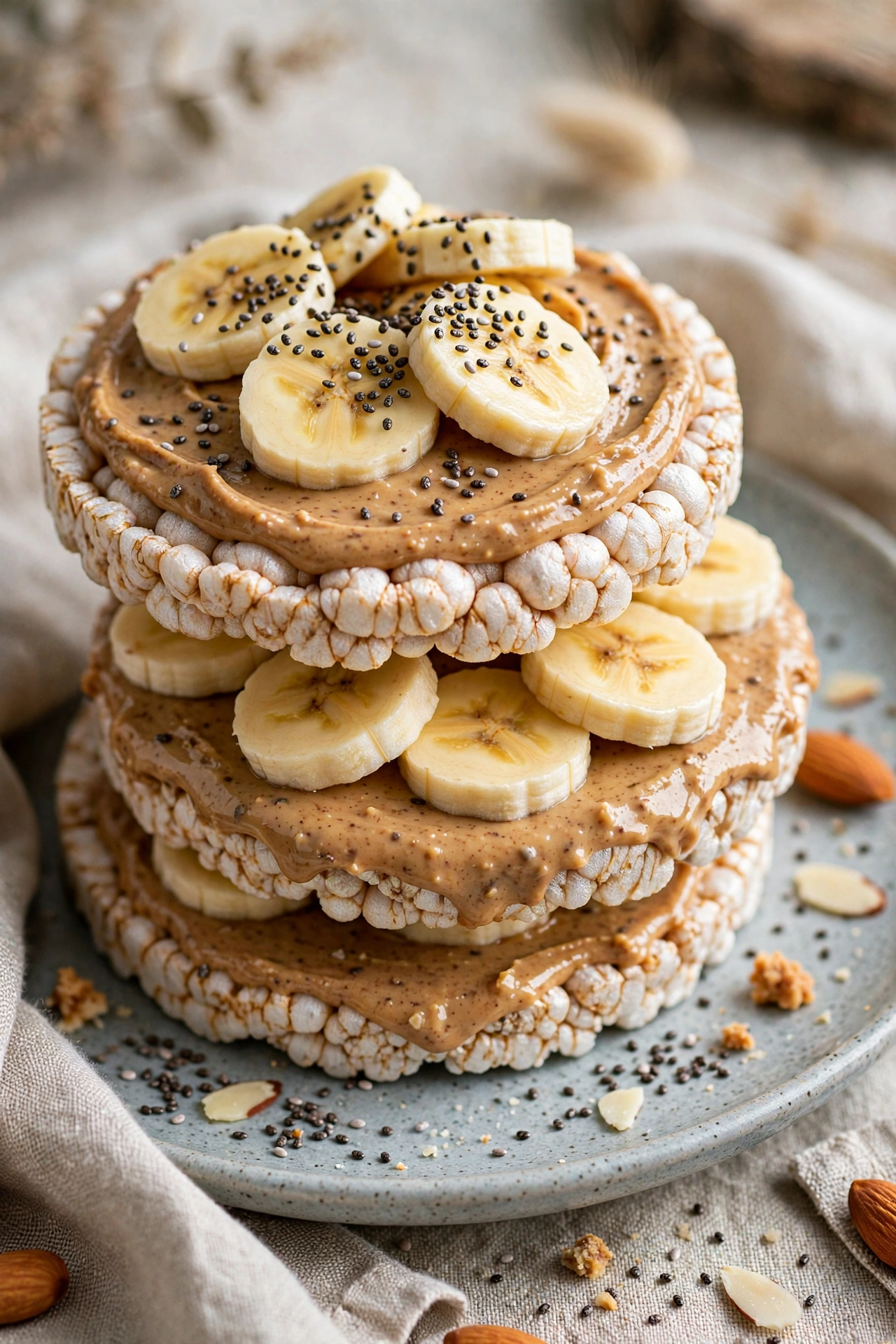 Rice cakes spread with almond butter topped with banana and chia seeds