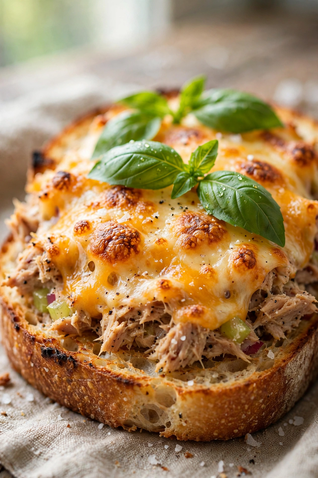 Open-faced basil tuna melt with melted cheddar on sourdough