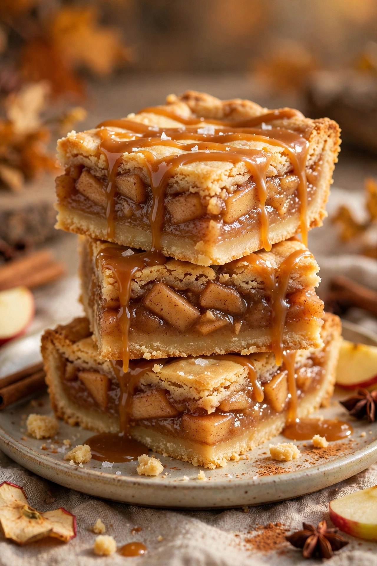 Caramel apple pie bars cut into squares showing layers