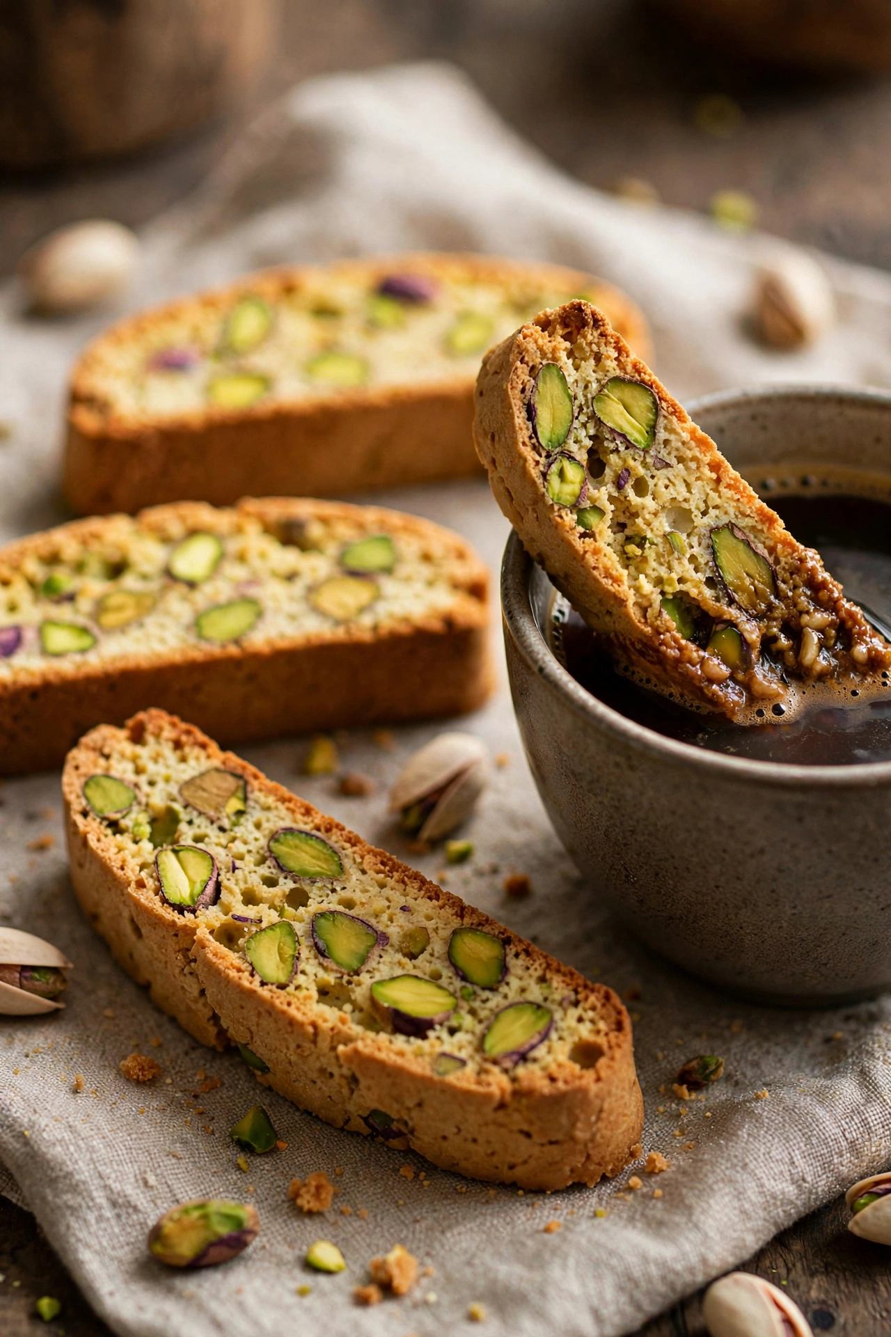 Pistachio biscotti with coffee cup
