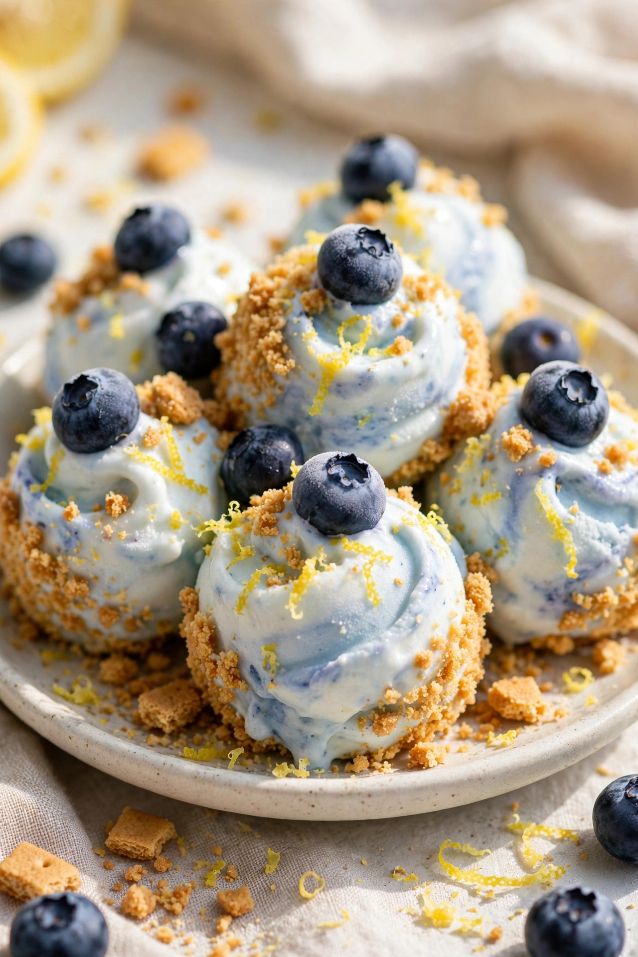 Blueberry lemon cheesecake frozen yogurt bites with graham crumbs and lemon zest