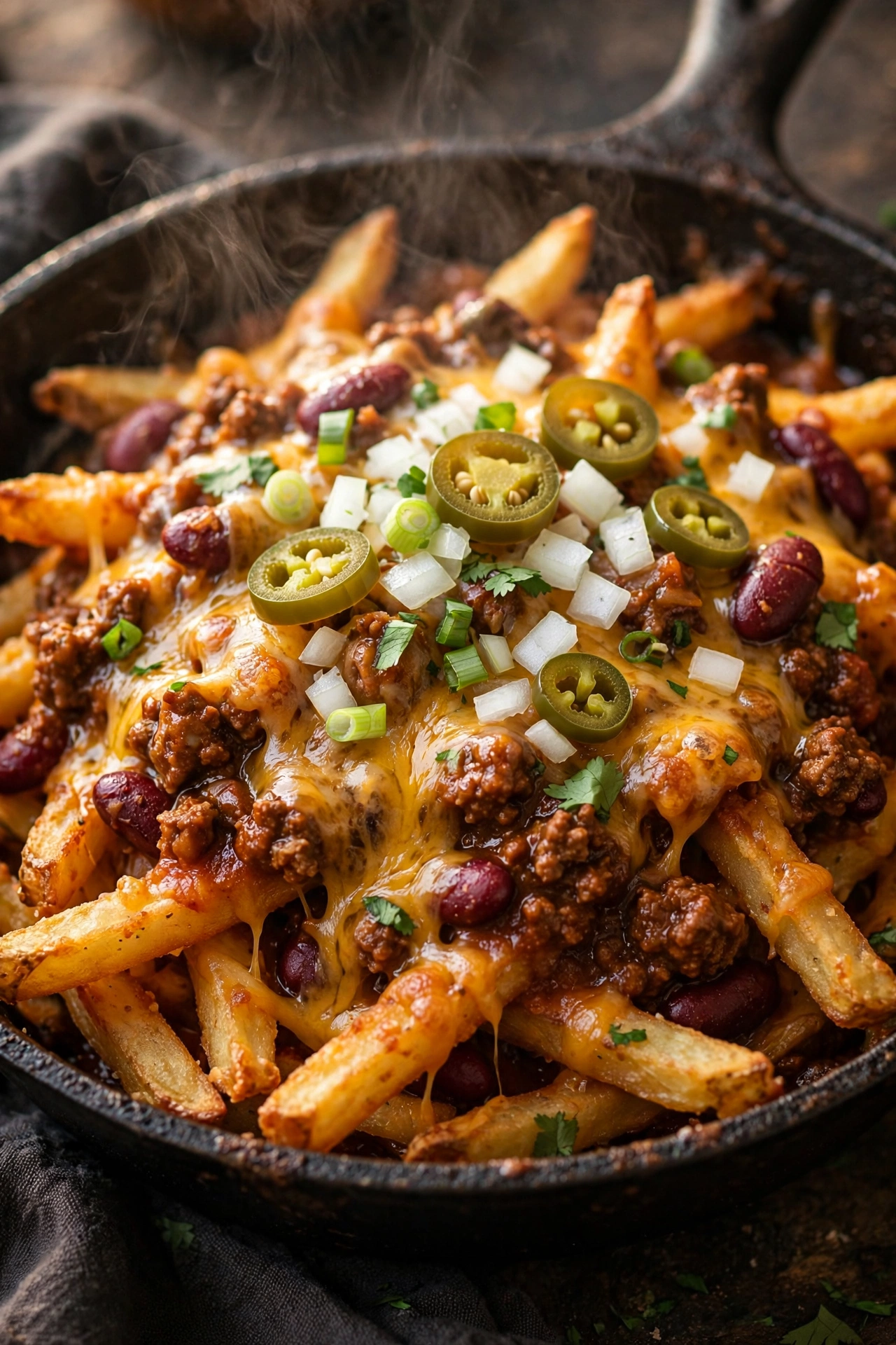 Chili cheese fries with beef chili and cheddar in a skillet