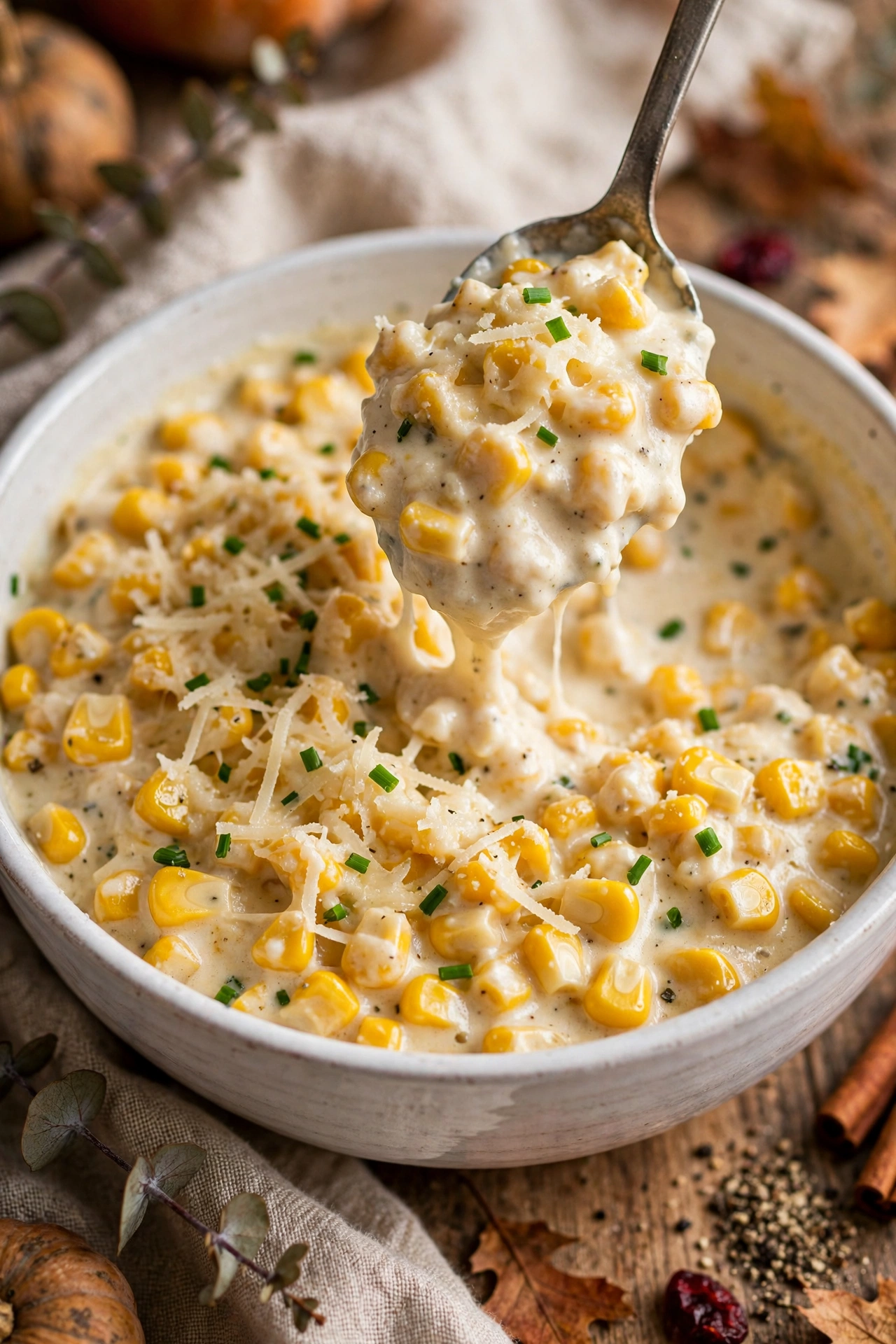 Creamed corn with parmesan and chives in a white serving bowl