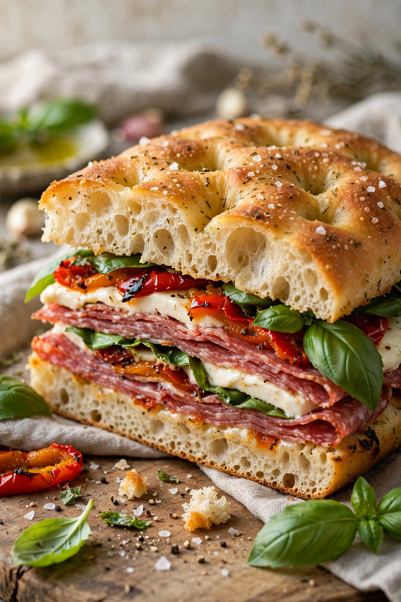 Italian focaccia sandwich with salami, mozzarella and basil