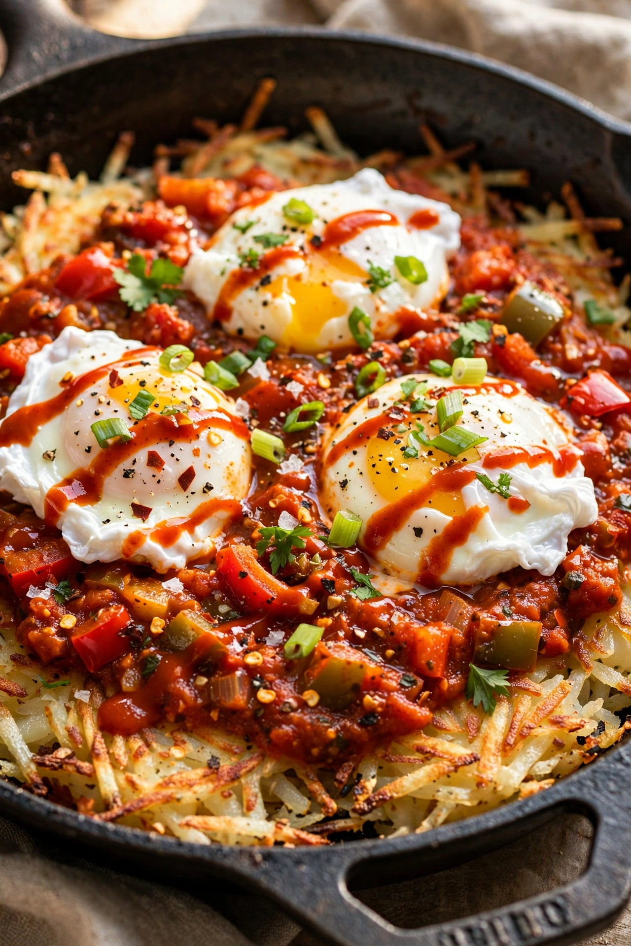 Breakfast hash shakshuka with poached eggs over crispy potato hash in a skillet