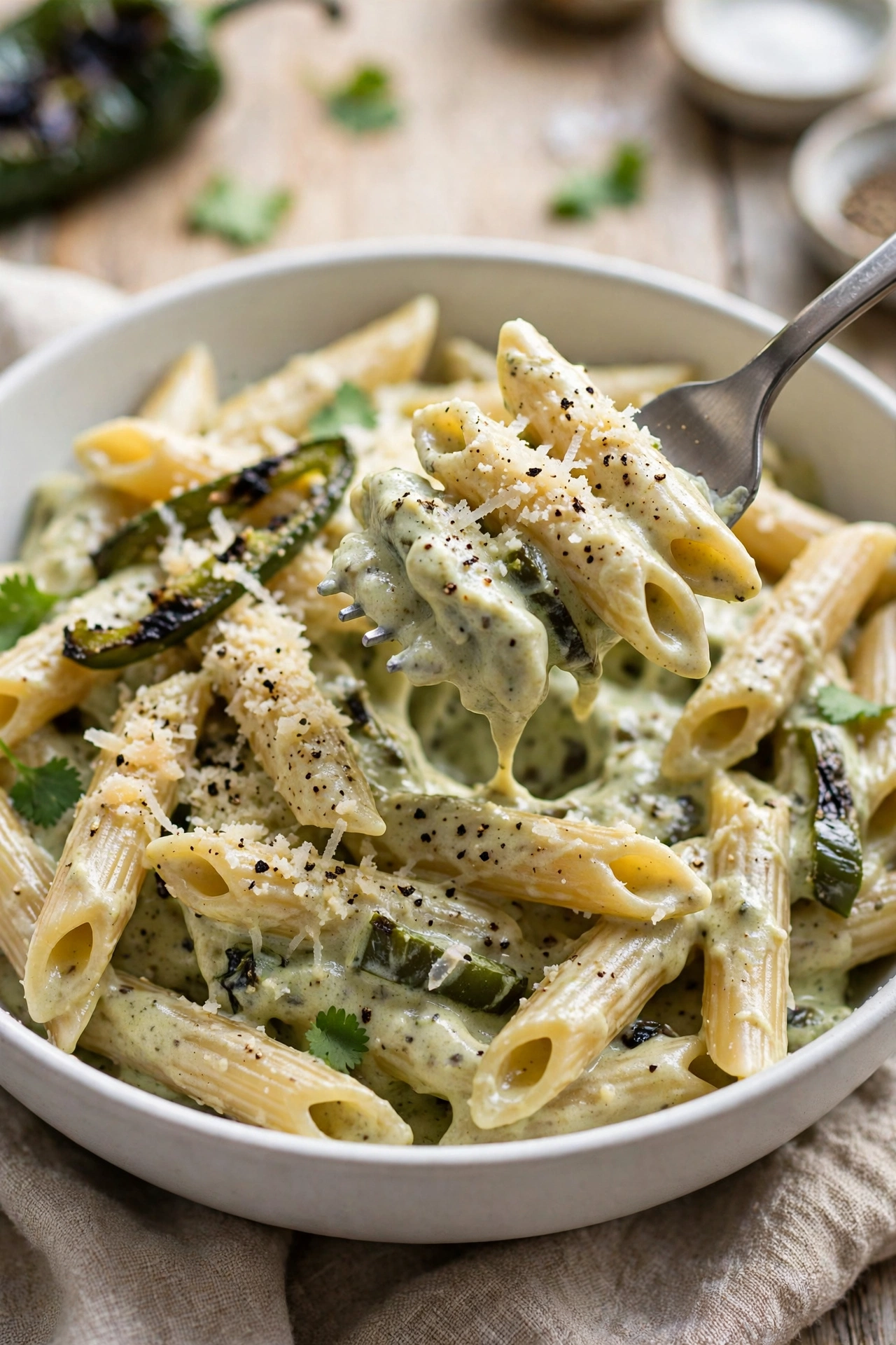 Creamy poblano pasta with penne in roasted poblano cream sauce