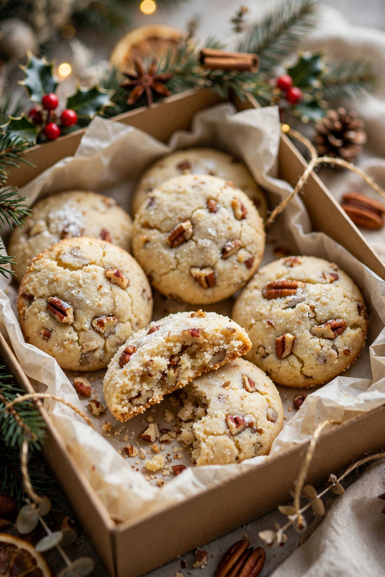 Buttery pecan sandies cookies in a gift box