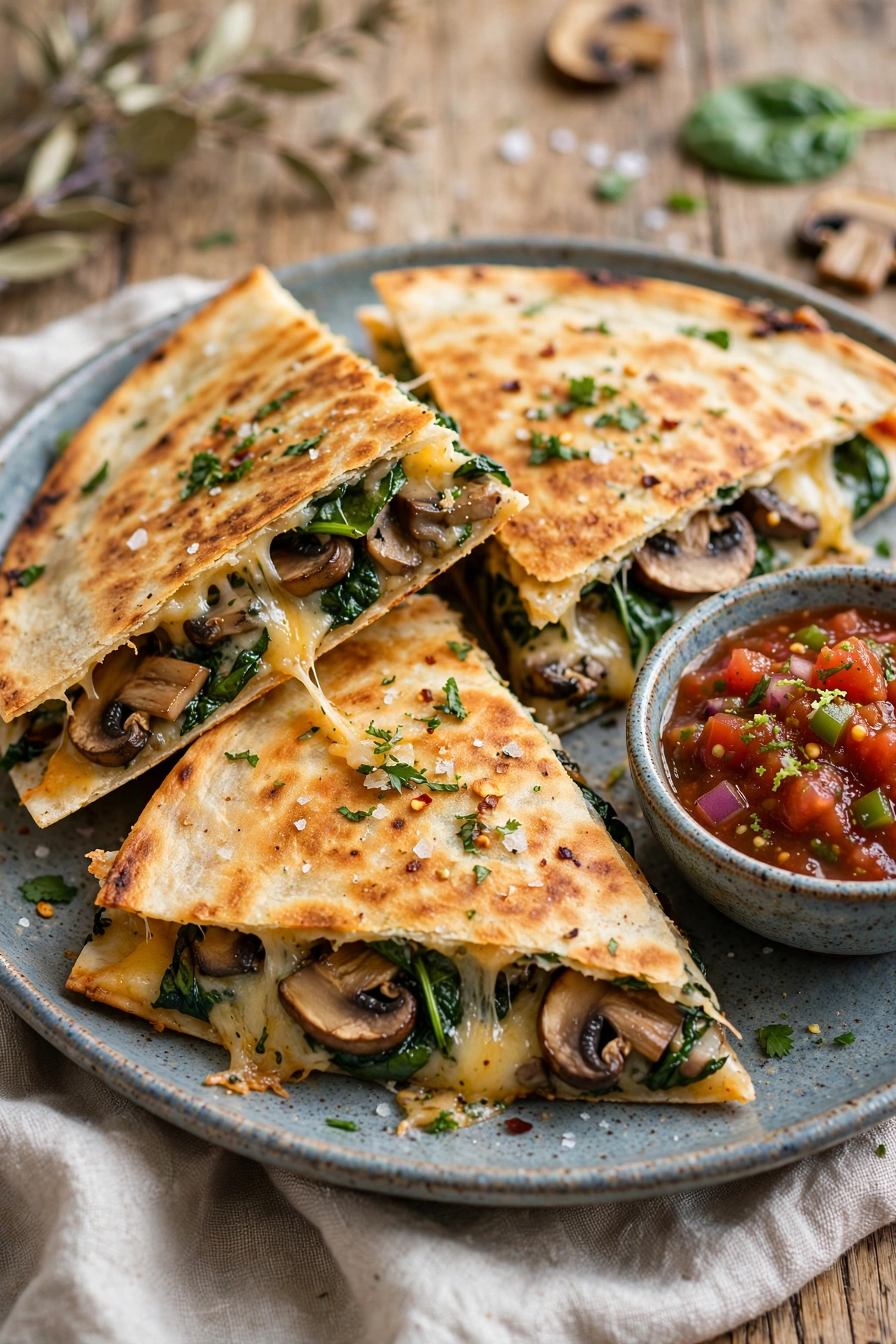 Veggie quesadilla triangles with melted cheese spinach and mushrooms