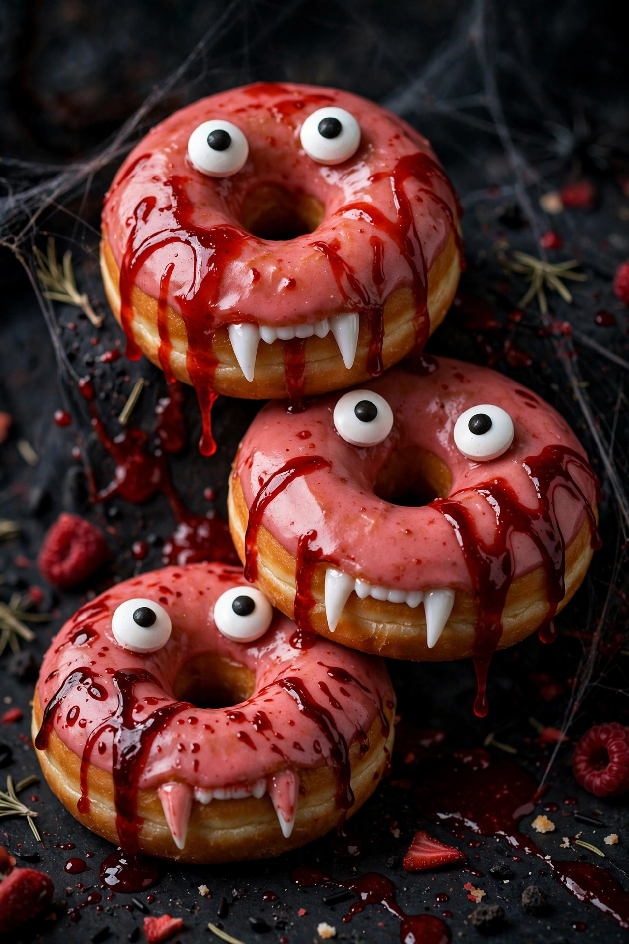 Halloween vampire donuts with candy eyes plastic fangs and strawberry drizzle