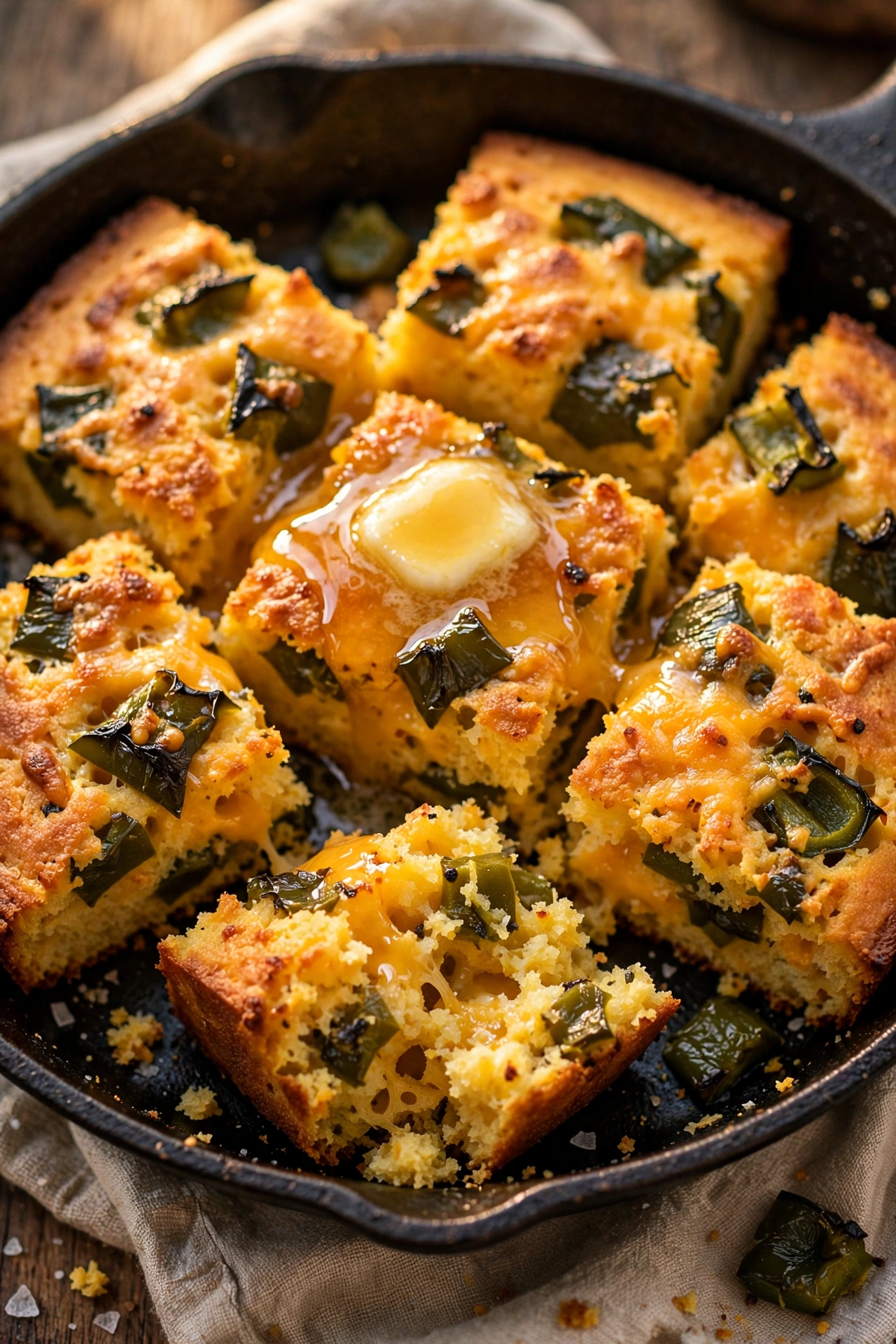 Poblano cheddar cornbread squares with melted cheddar in a skillet