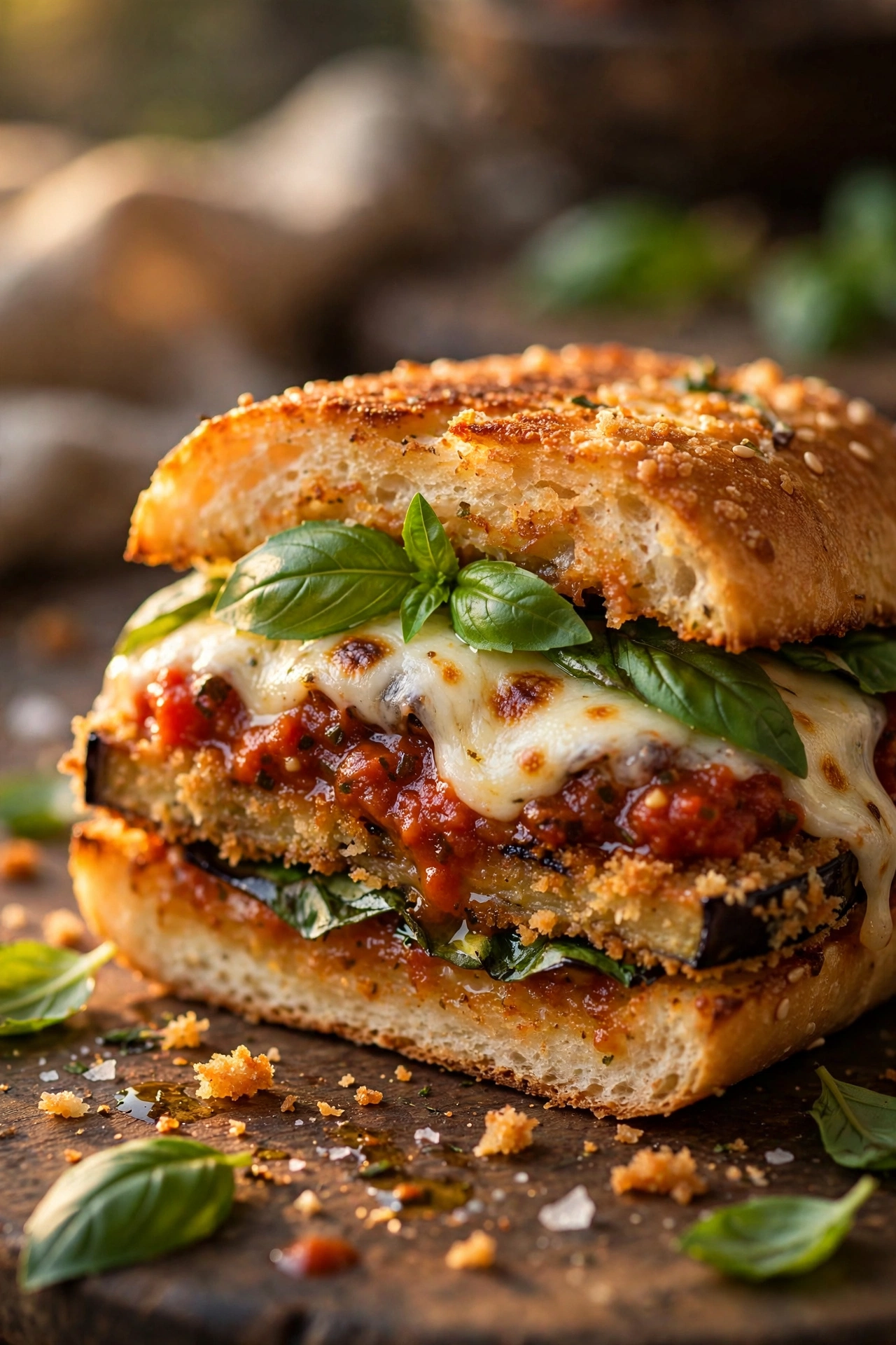 Basil eggplant parmesan sandwich in a toasted roll