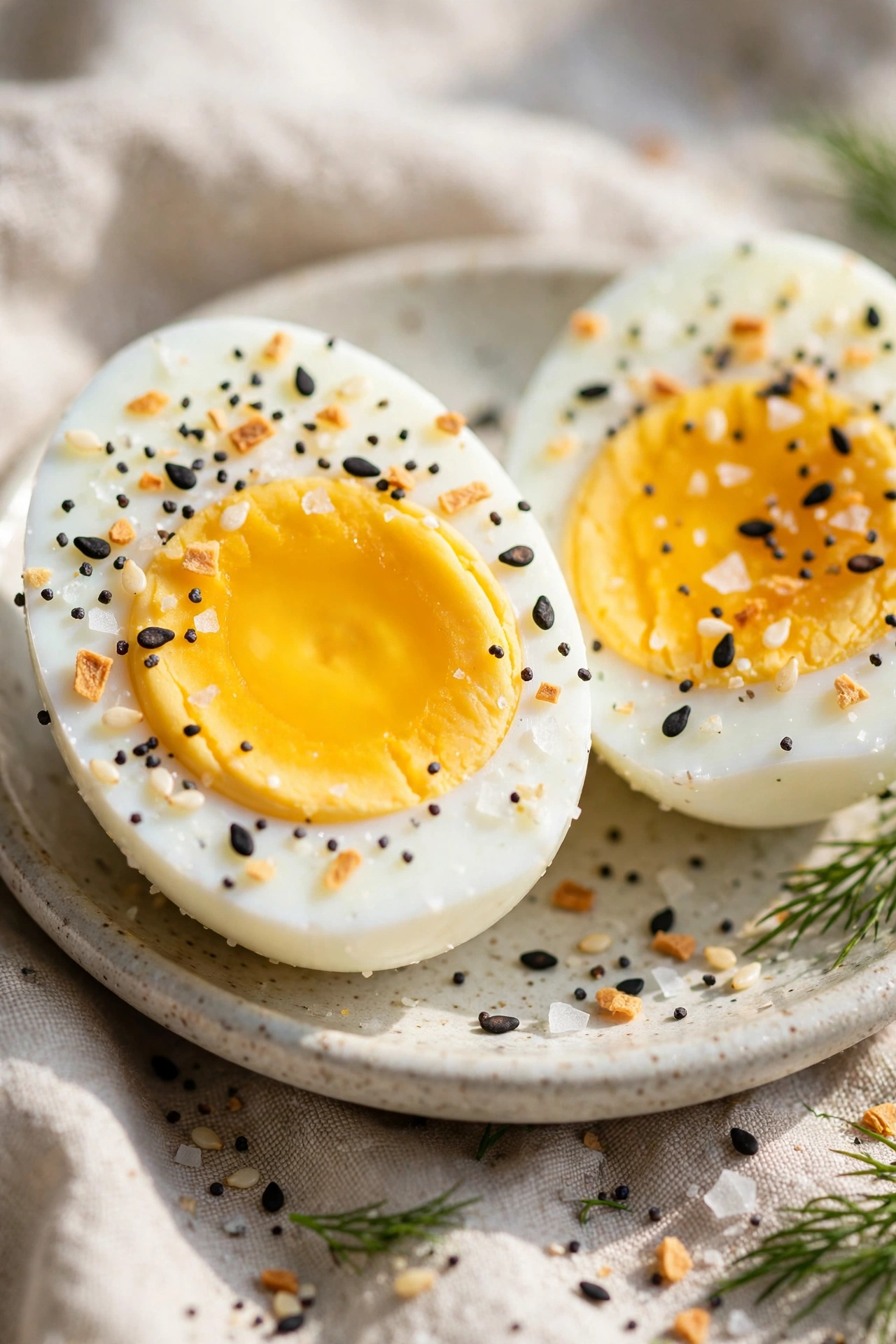 Halved hard boiled eggs sprinkled with everything seasoning
