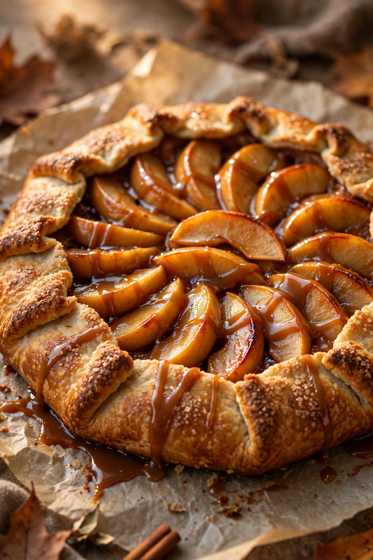 Rustic caramel apple galette with folded crust on parchment