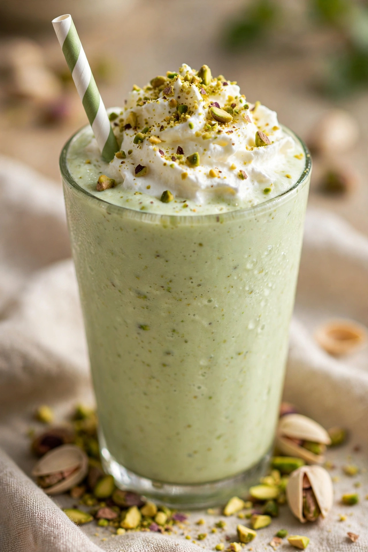 Pistachio milkshake with whipped cream in a tall glass