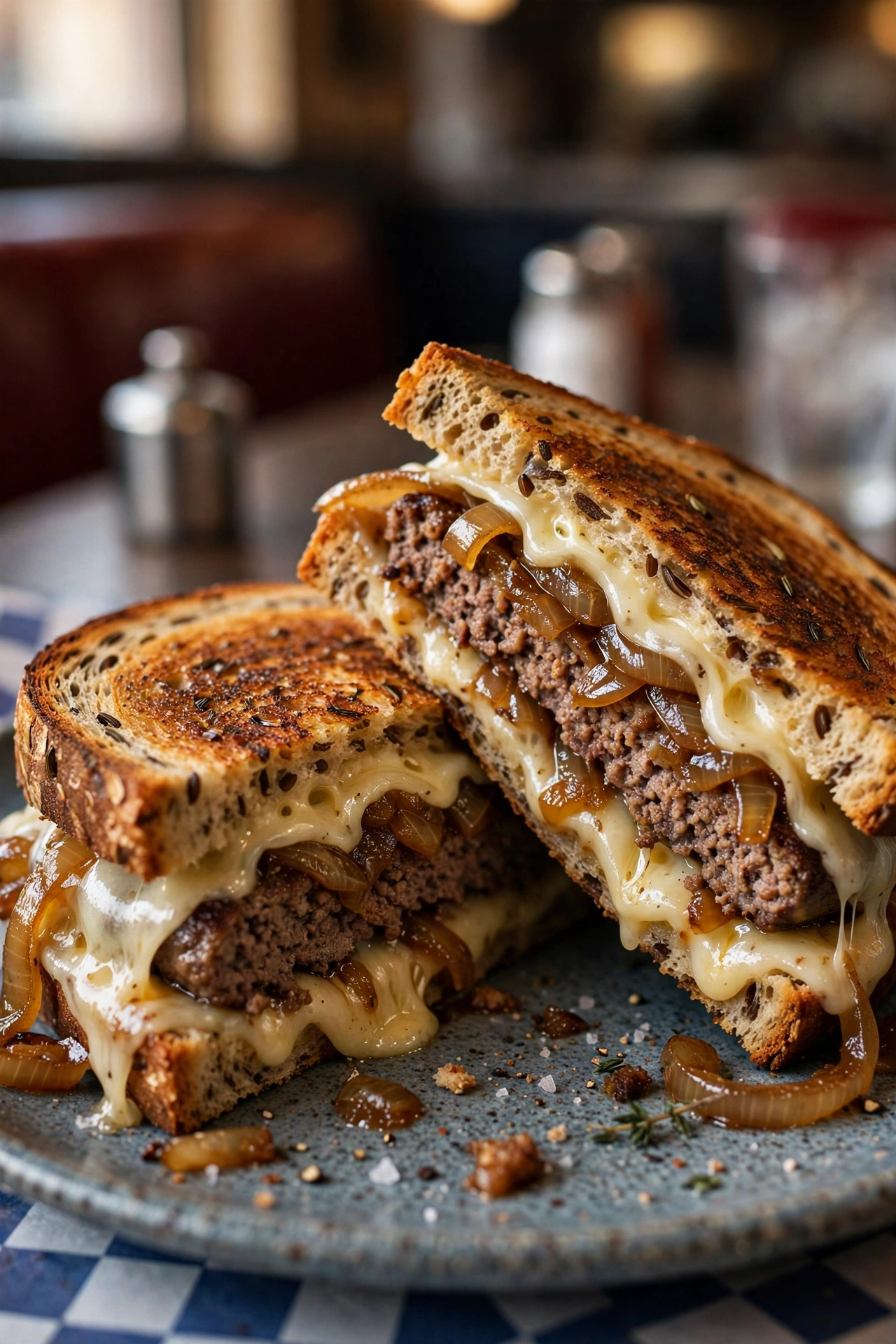 Classic patty melt with caramelized onions and swiss on rye